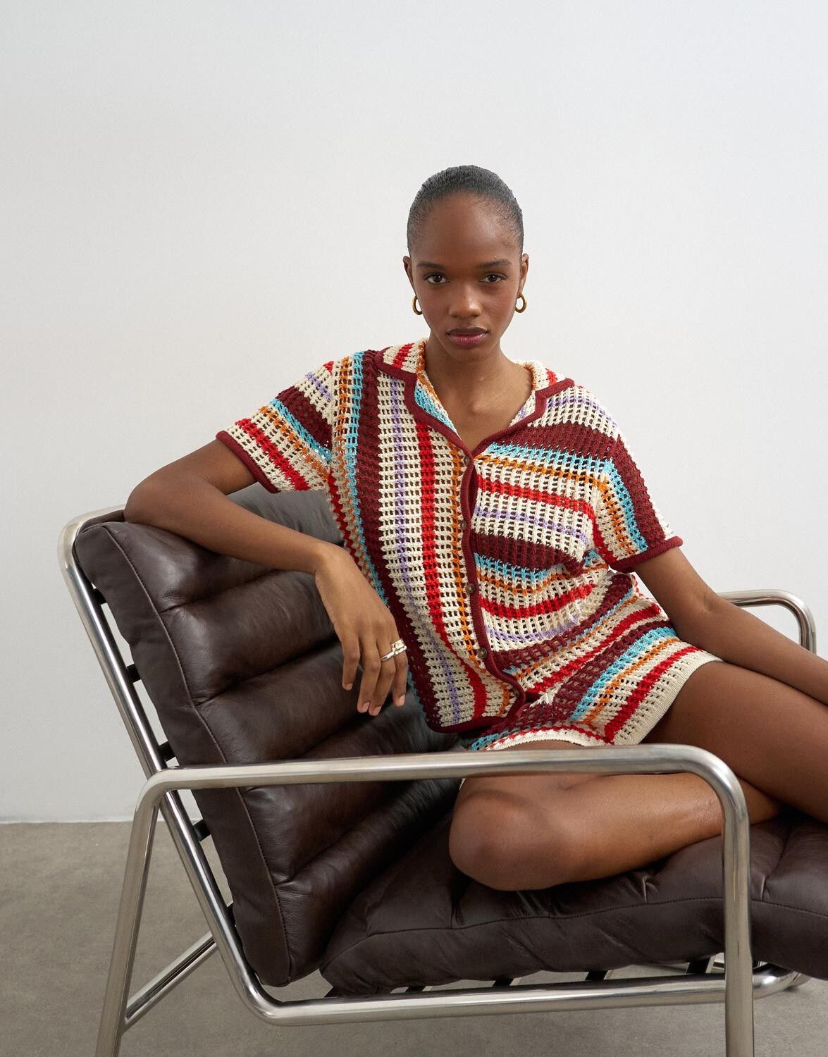 Tsgerdi Ss Crochet Striped Knit Shirt