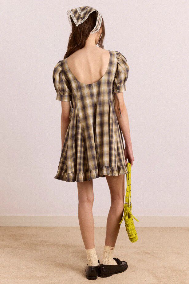 SABINA MINI GODET DRESS - CARDAMON MIX CHECK