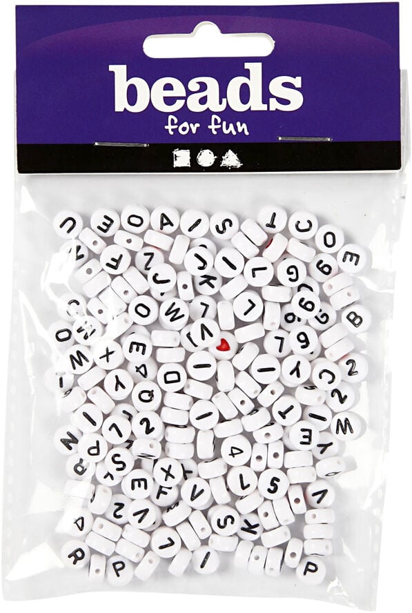 Bogstavperler, str. 7 mm, hulstr. 1,2 mm.