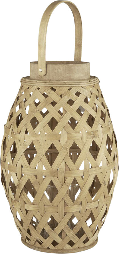 Lygte m/glasindsats og hank krydsflettet bambus