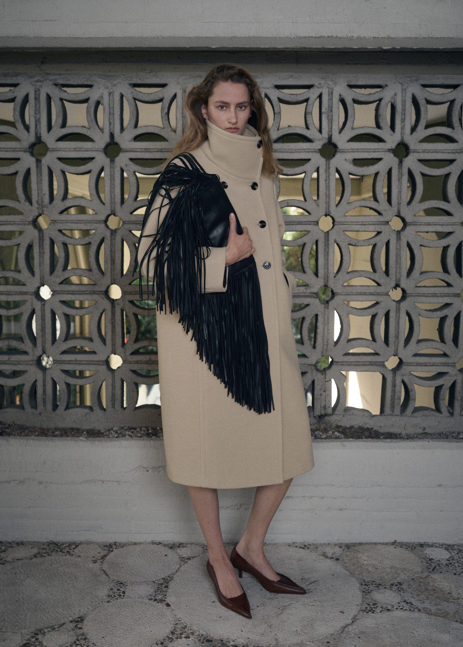 Wool-blend funnel-neck coat