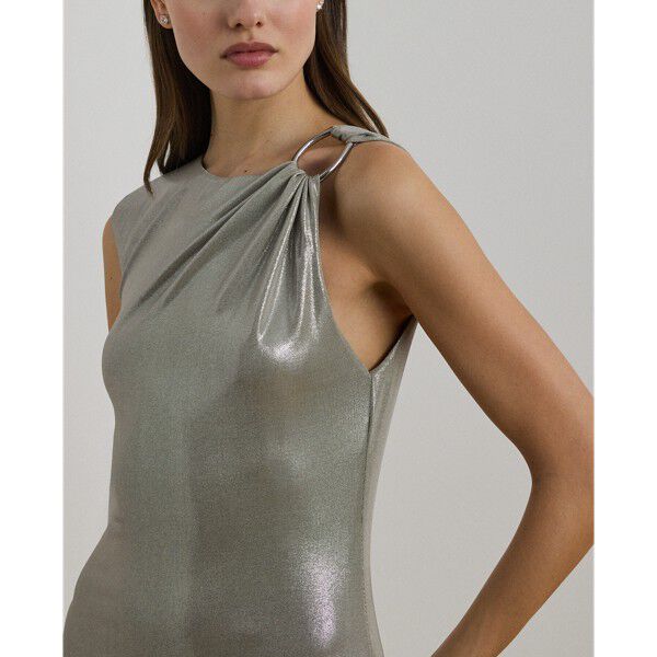 Buckle-Trim Metallic Sleeveless Gown