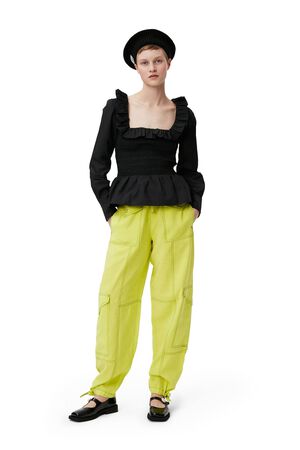 Cotton Poplin Open-neck Smock Blous