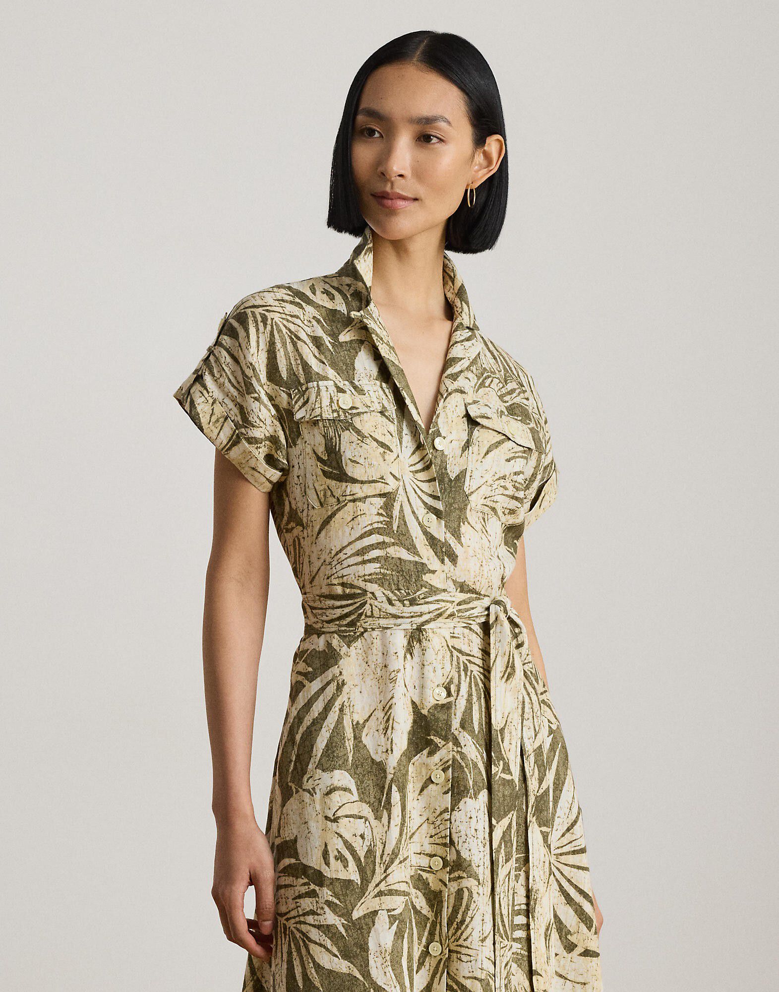 Palm-Frond-Print Linen Camp Shirtdress