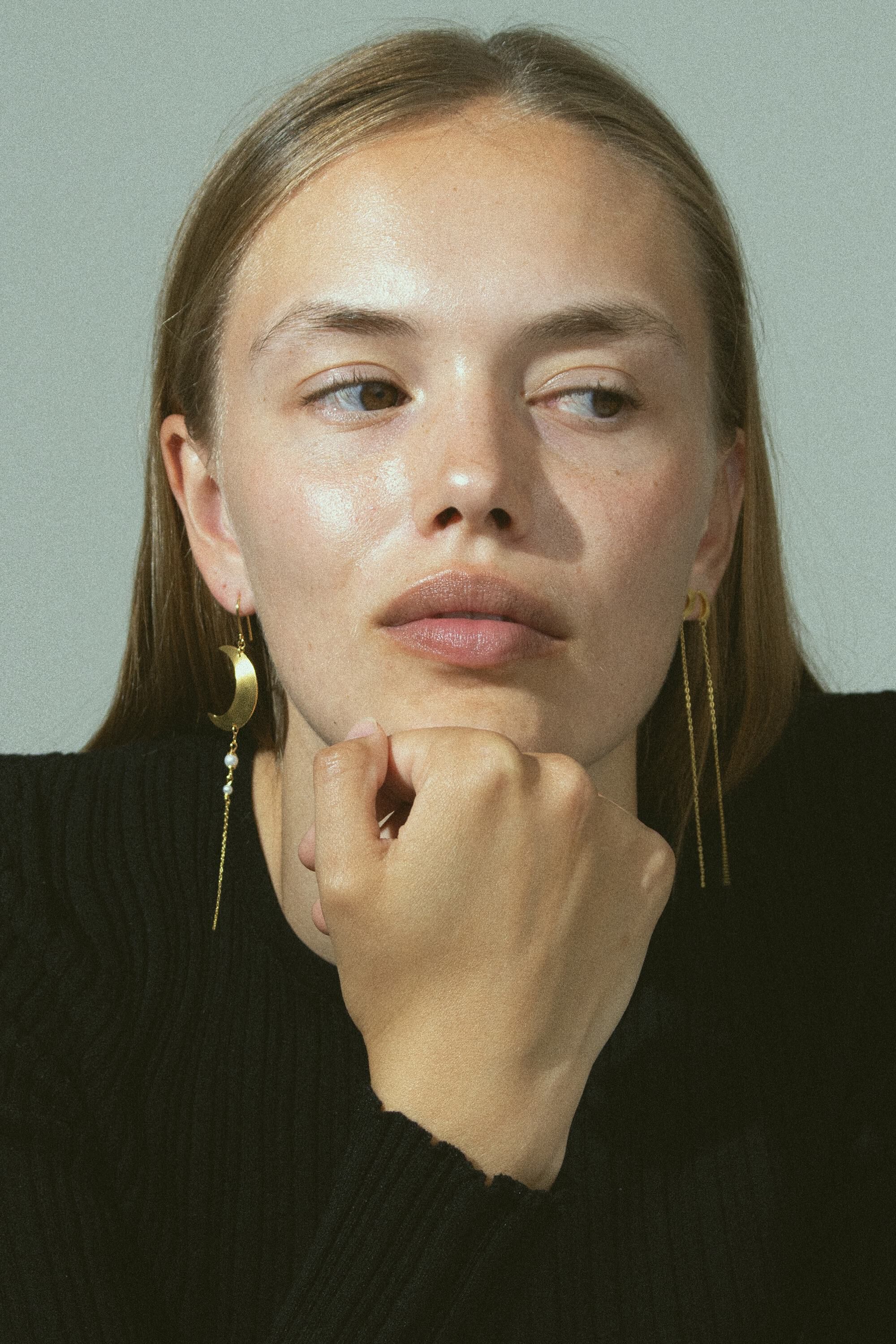 Half Moon Earring with Pearl Chain