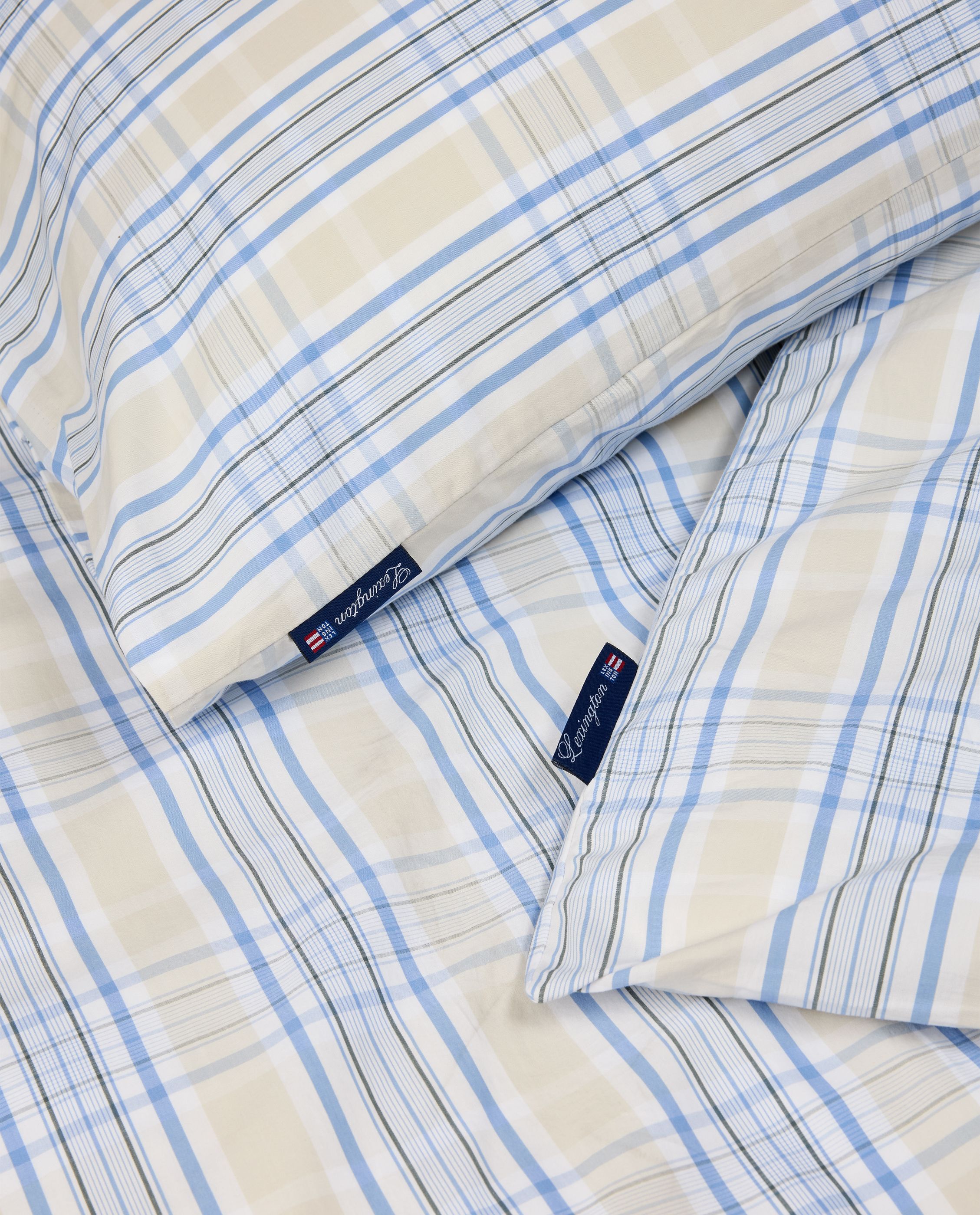 Beige/Blue Checked Cotton Poplin Bed Set