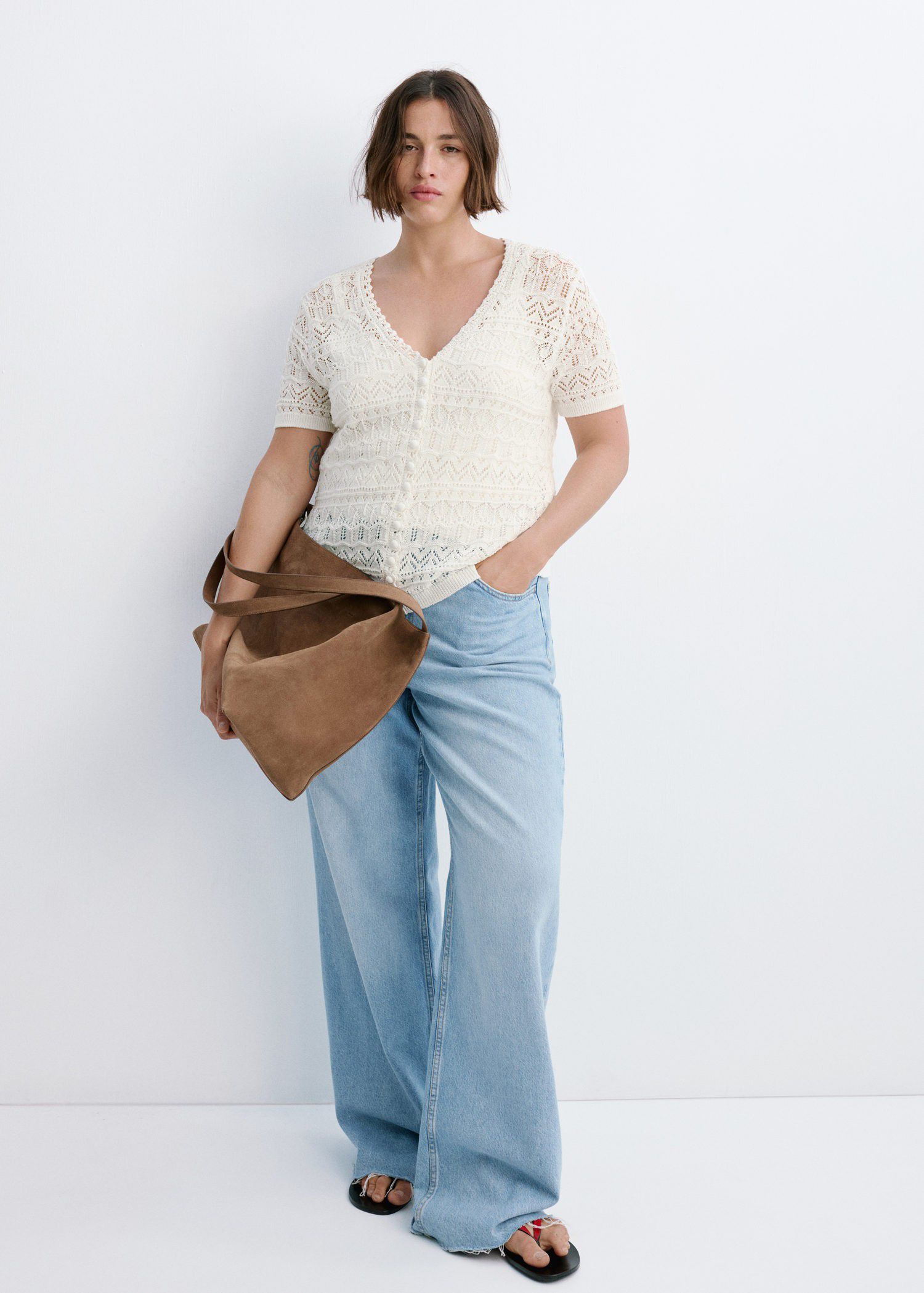 Short-sleeve openwork knit cardigan