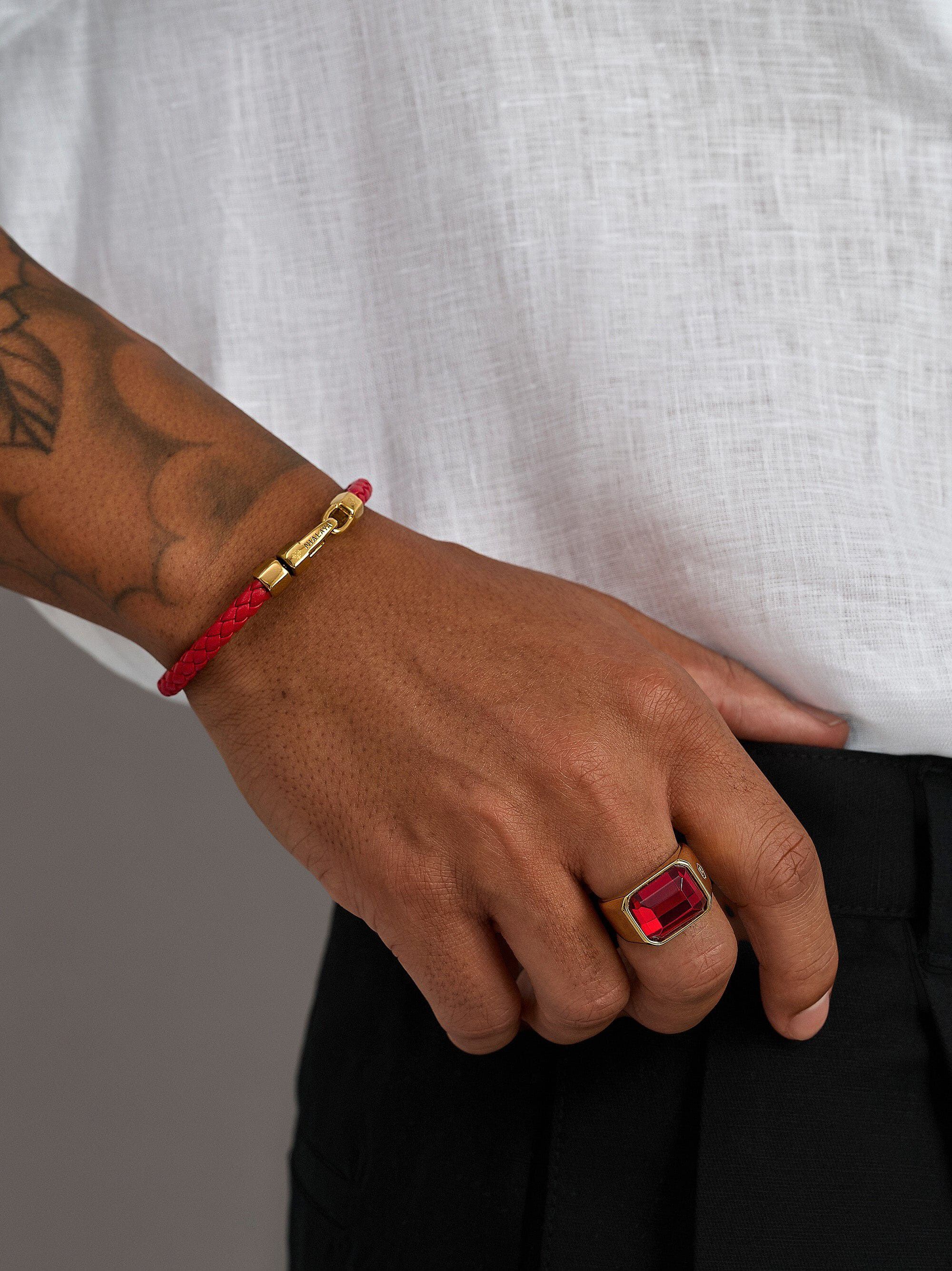 Braided Red Leather Bracelet in Gold
