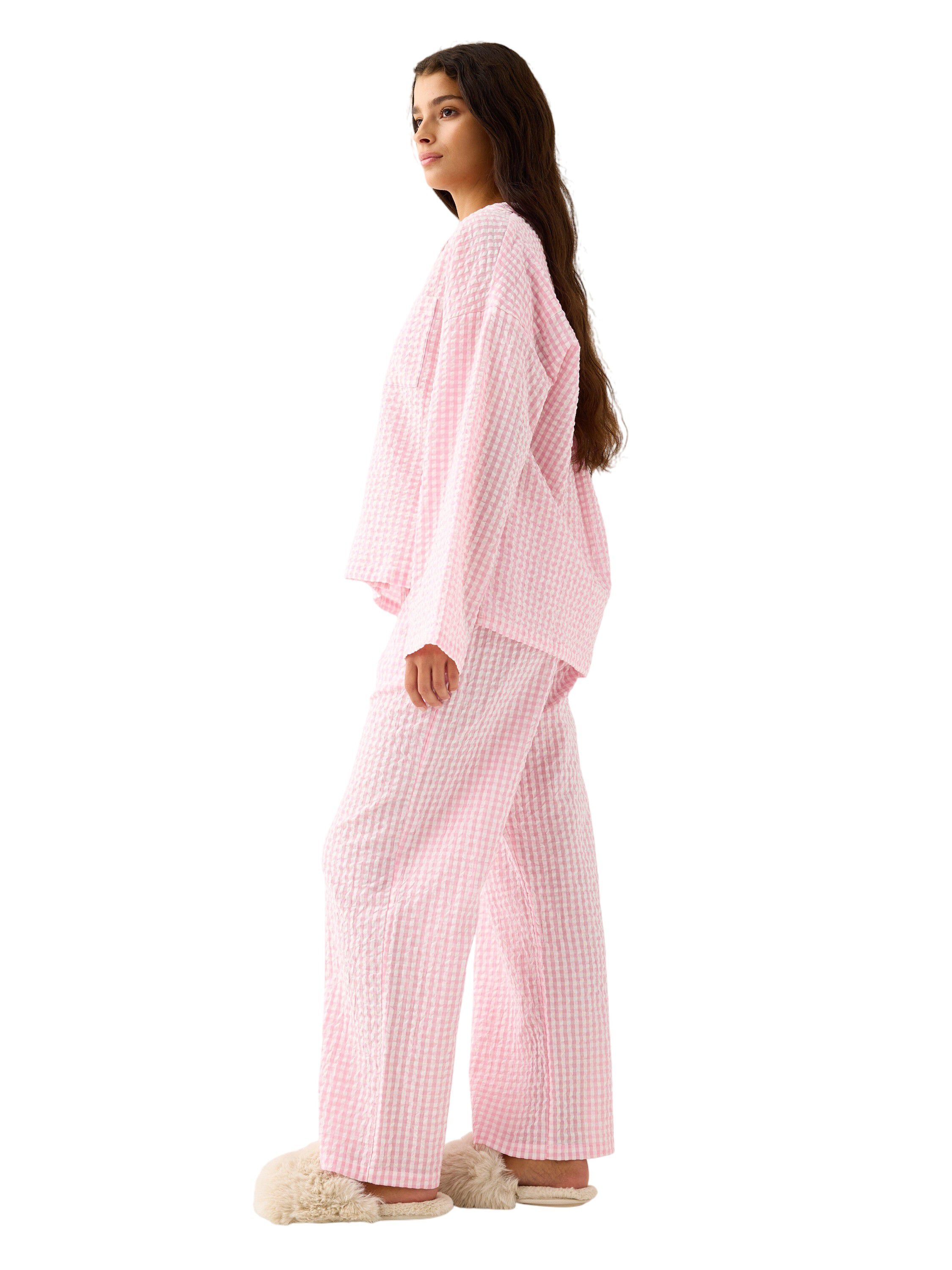 Pyjamasbukser i bl&oslash;d seersucker med