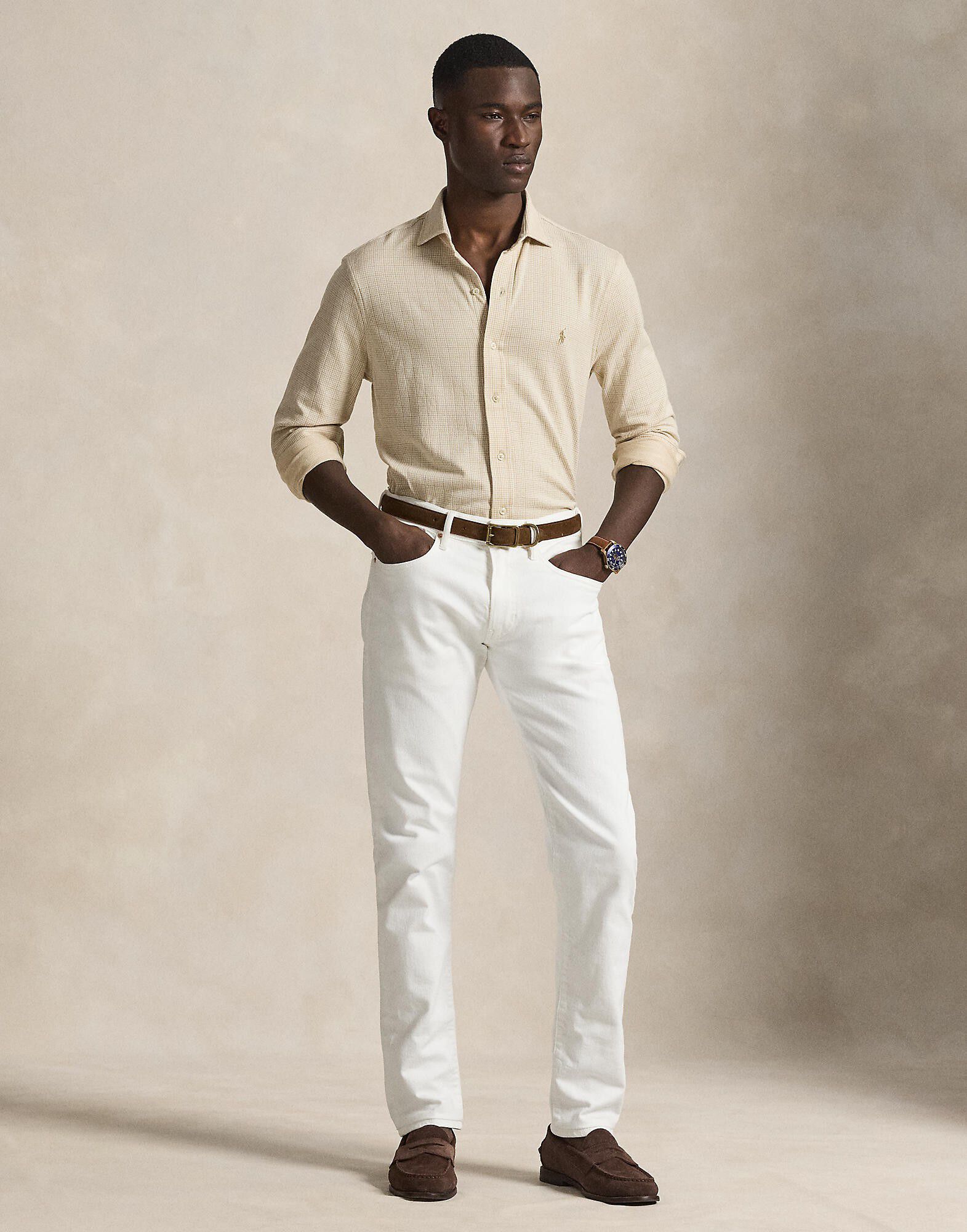 Plaid Jersey Spread-Collar Shirt