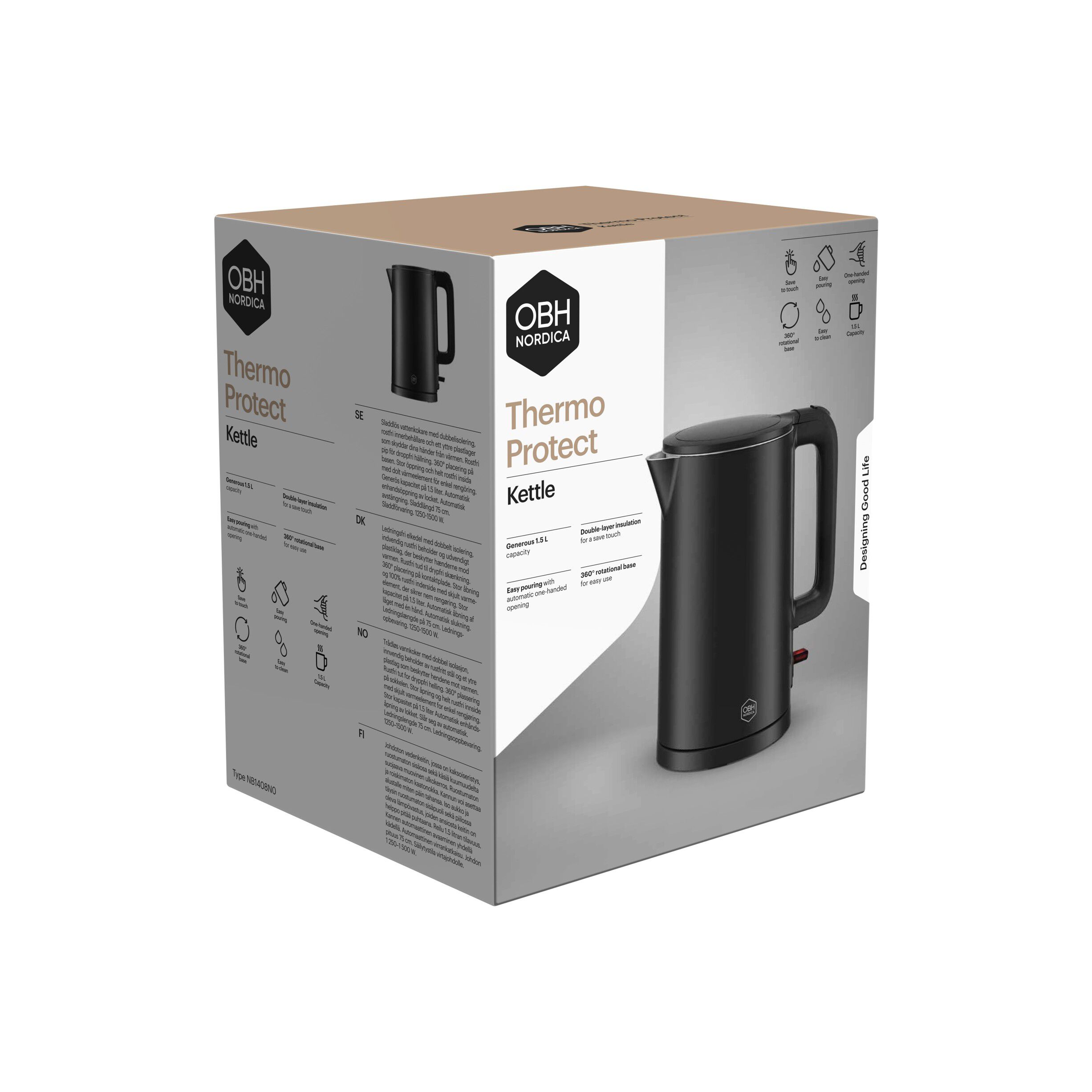OBH Nordica Thermo Protect-elkedel sort 1,5L
