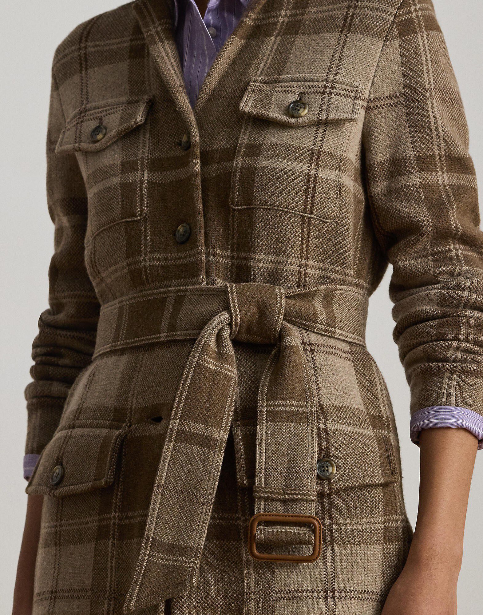 Plaid Belted Double-Knit Blazer