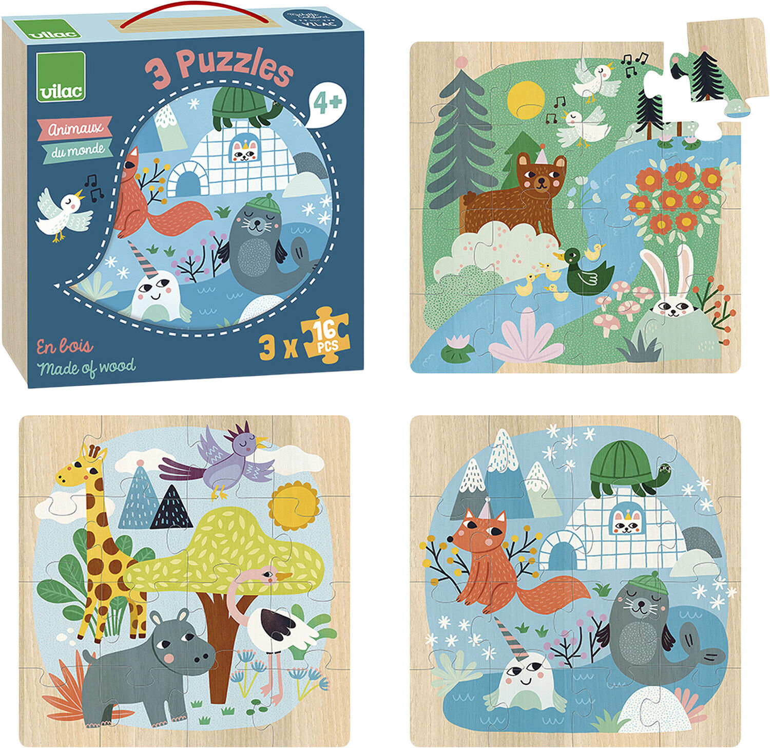 Vilac - Puslespil 3x16 brk - Dyr af Michelle Carlslund