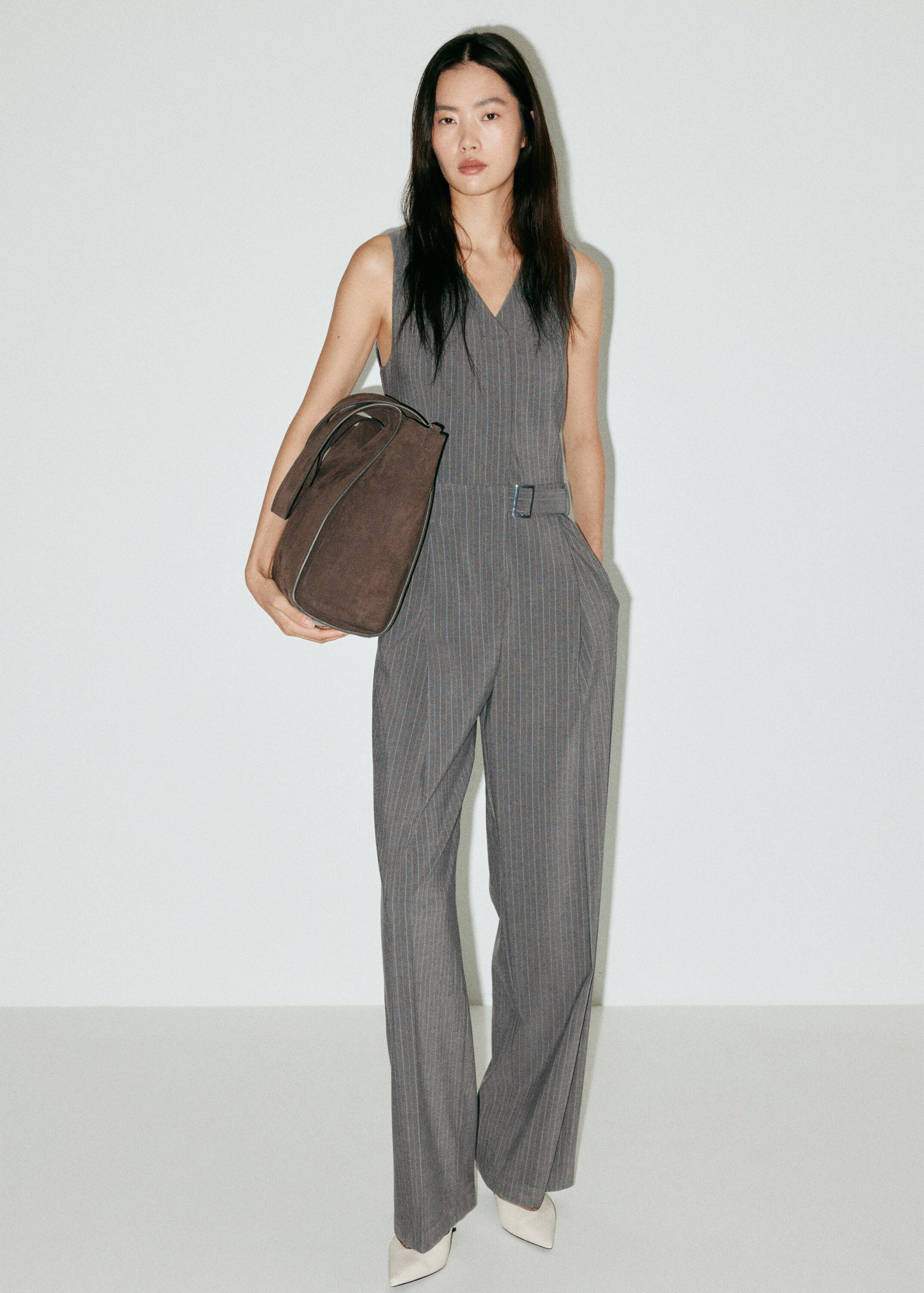 Pinstripe jumpsuit with belt