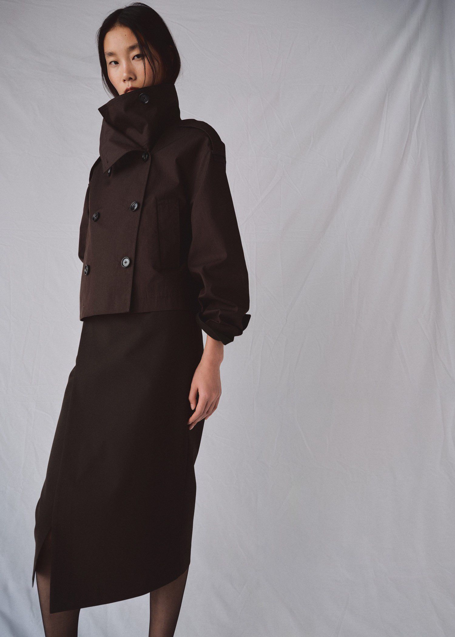 Double-breasted cropped trench coat