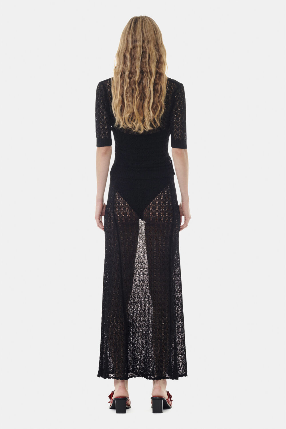 Shiny Pointelle Knit Short Sleeve P