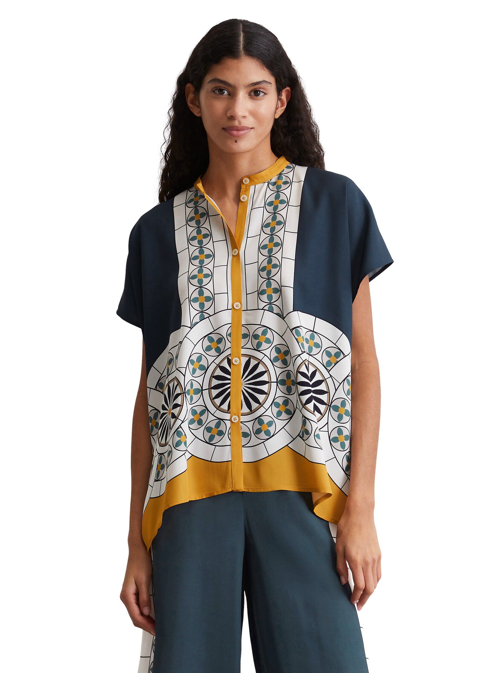 Blouse, short sleeve, stand up coll