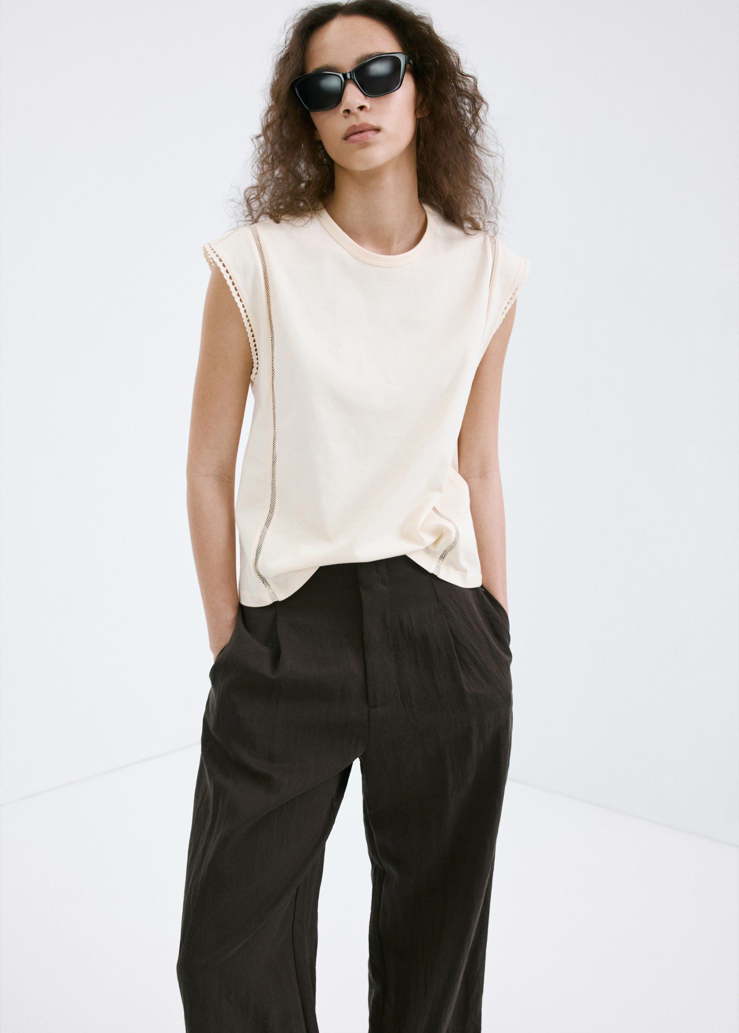 Embroidered cutwork cotton T-shirt