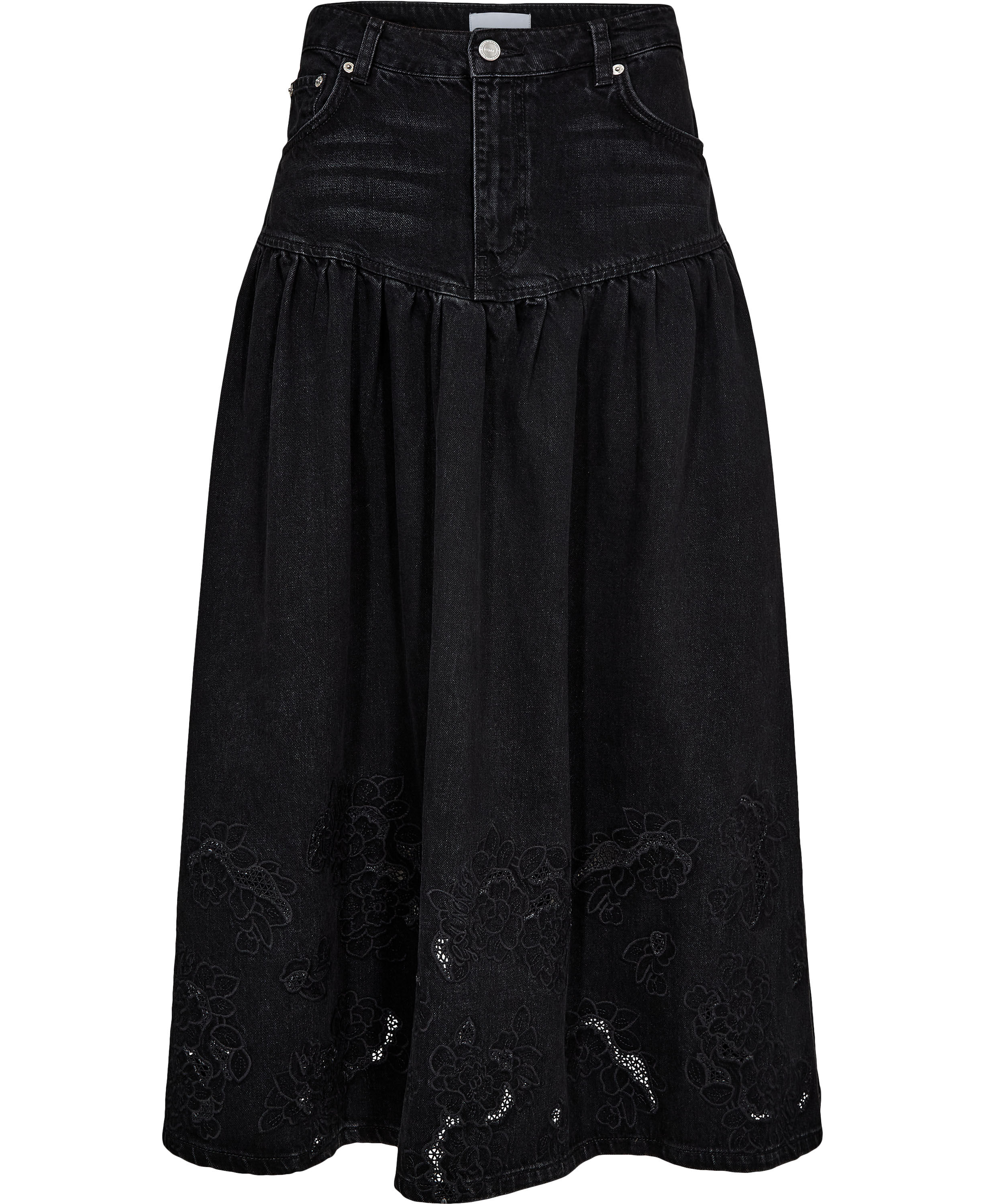 Broderie Anglaise Denim Long Skirt