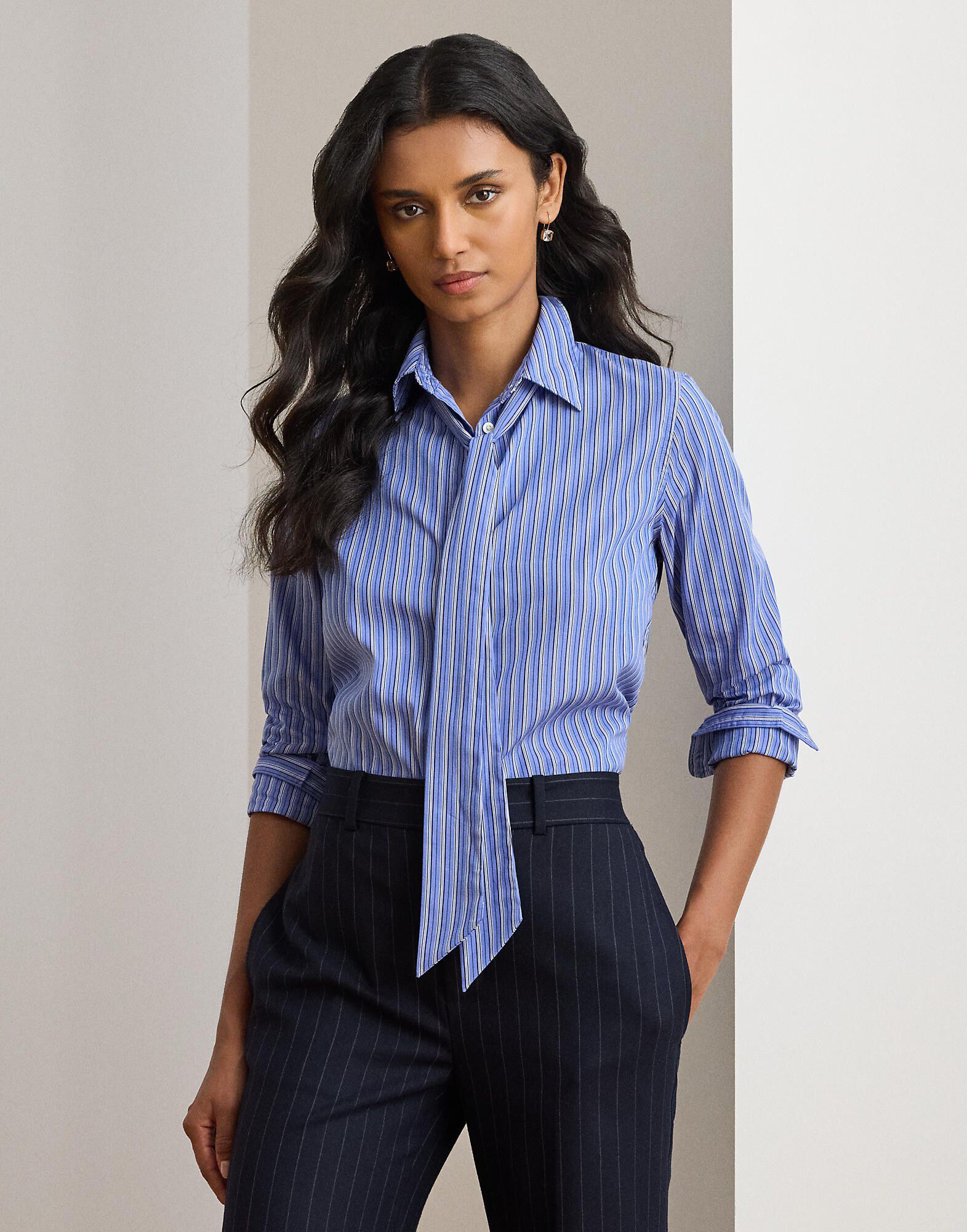 Classic Fit Striped Tie-Neck Shirt