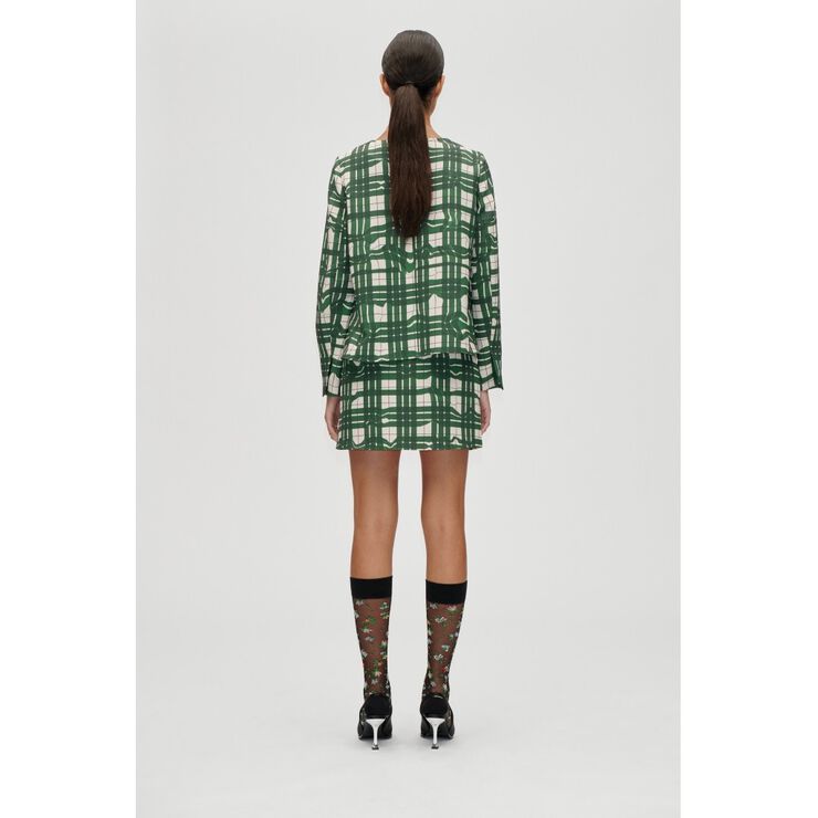 2429 Checkered Cady, Long Sleeve Gathered Ruffle Top