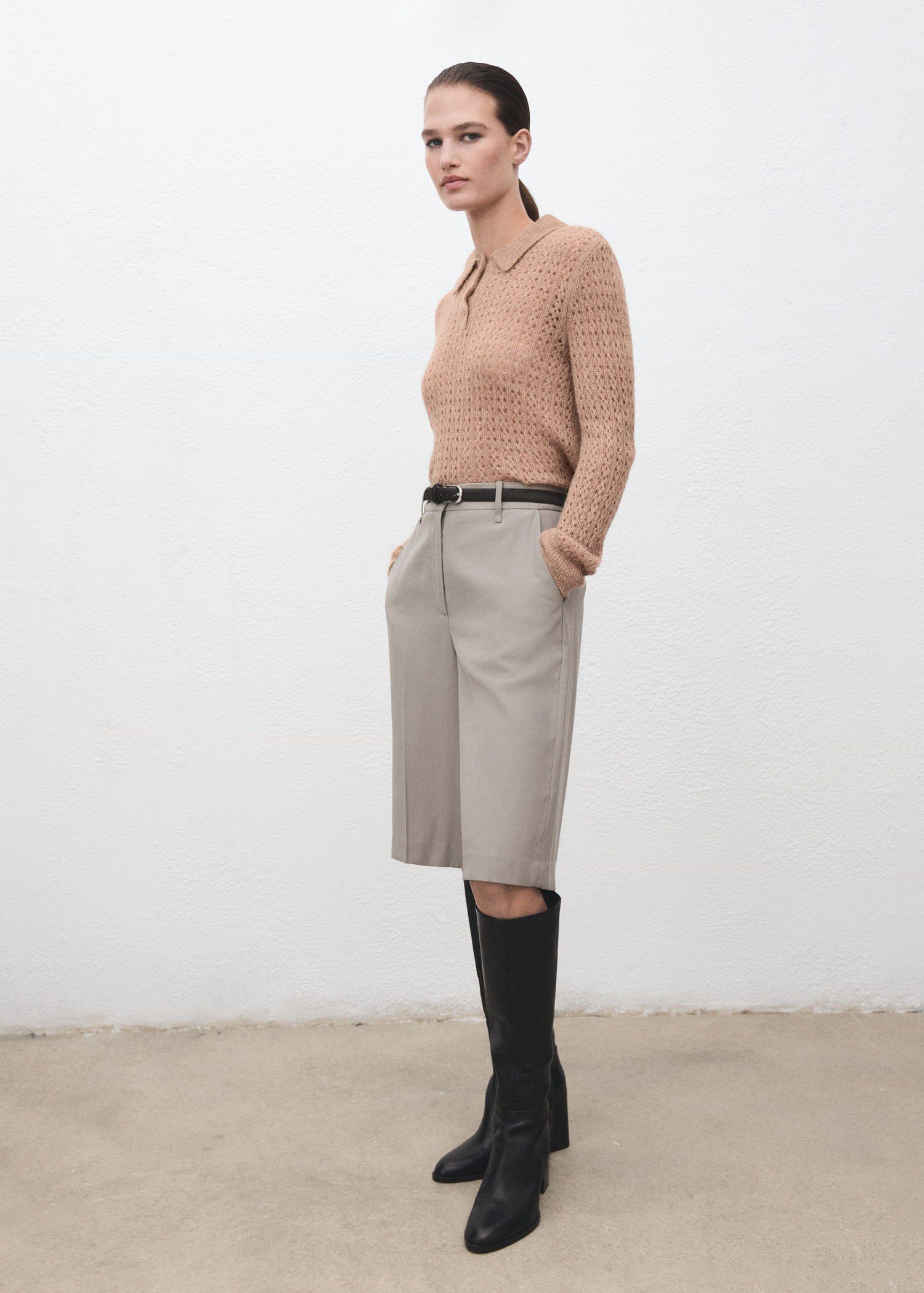 Openwork knitted polo-neck sweater