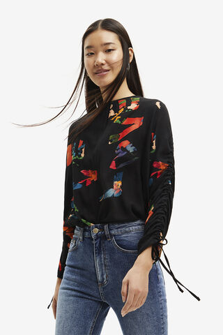 Love print blouse with adjustable sleeves