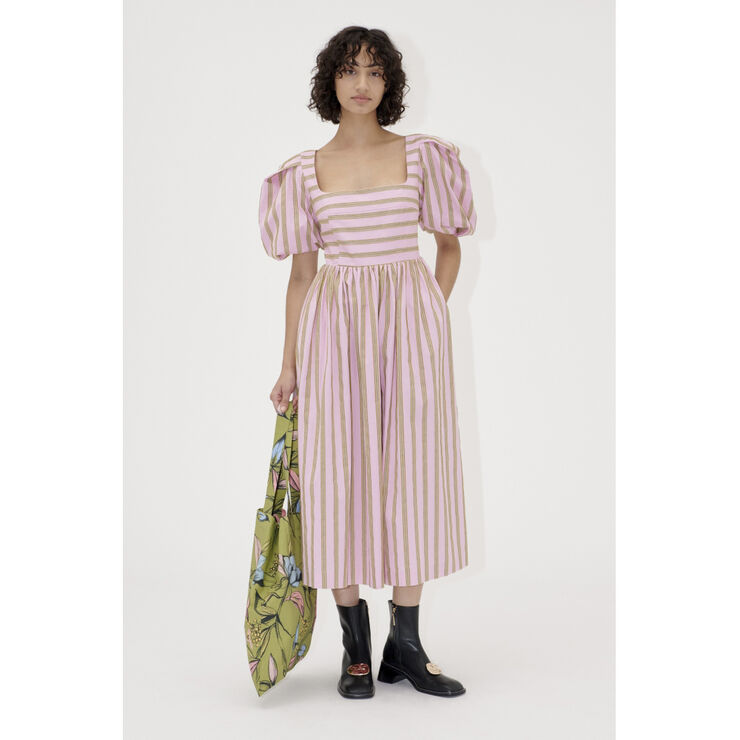 2344 Soft Jacquard Weave, Blouson Sleeve Midi Dress