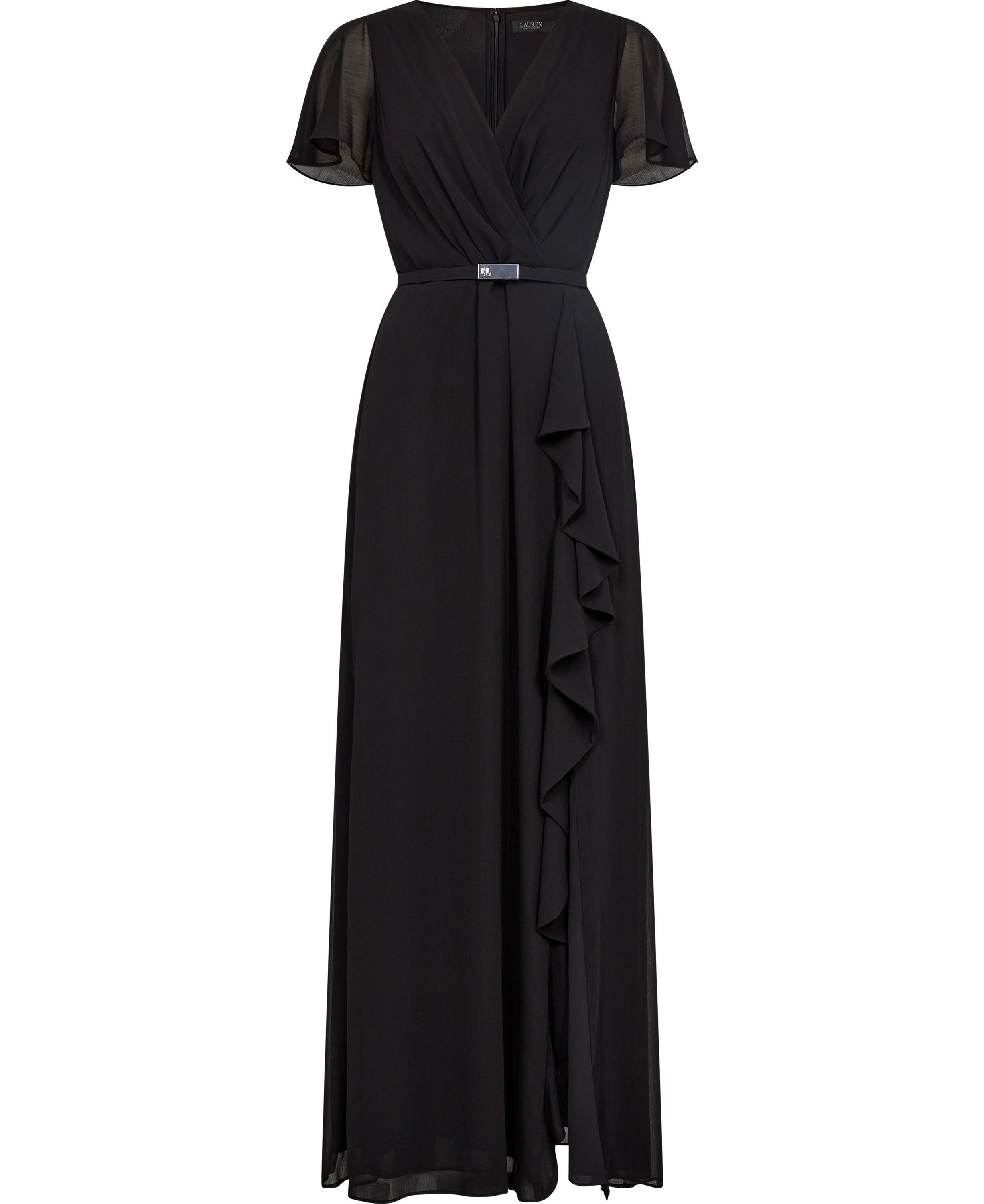 Belted Georgette Flutter-Sleeve Gown