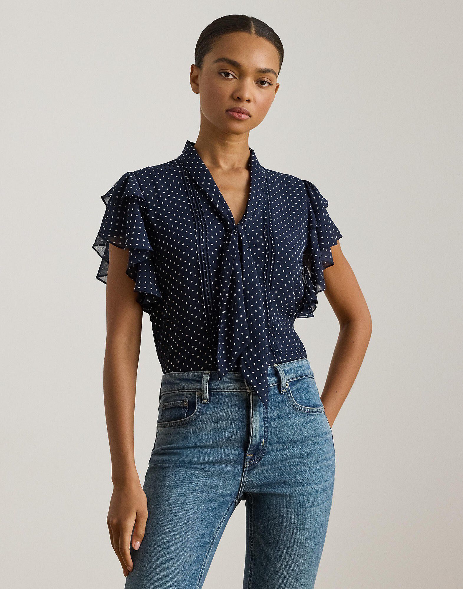 Polka-Dot Georgette Tie-Neck Blouse