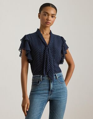 Polka-Dot Georgette Tie-Neck Blouse