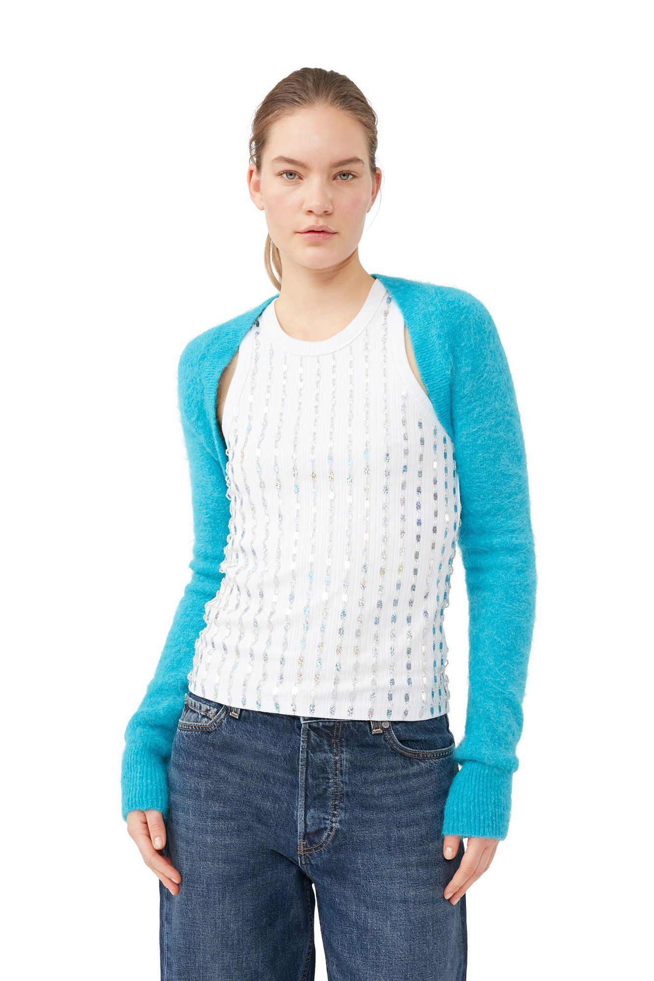 Bolero topp i bl&aring; borstad alpacka