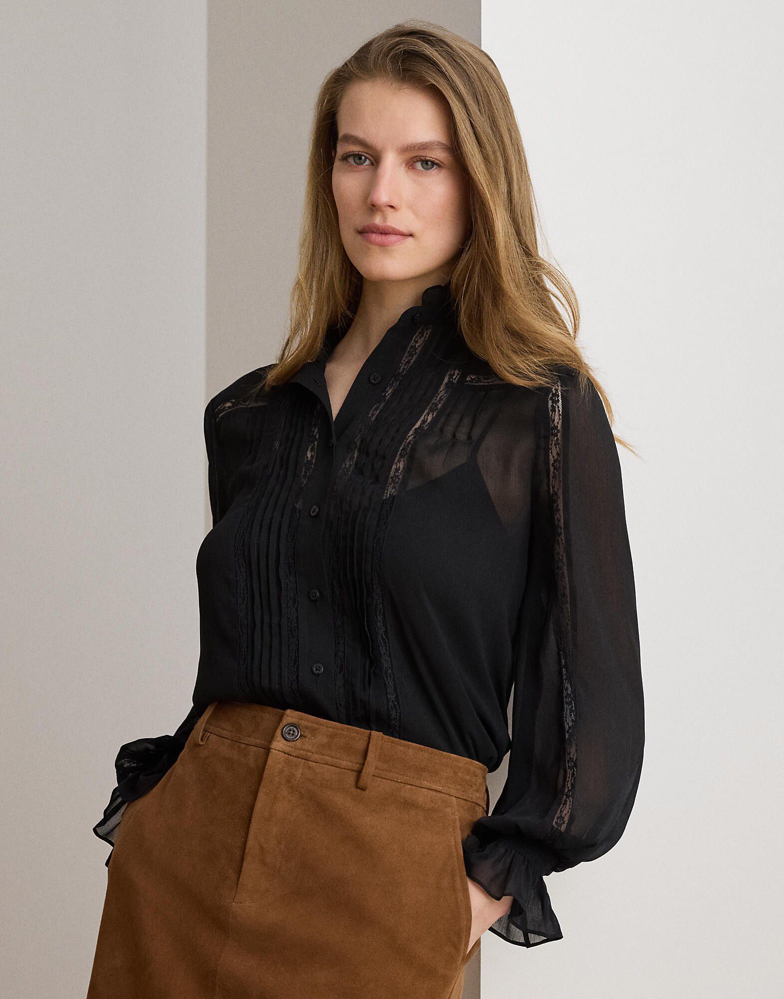 Lace-Trim Crinkle Georgette Blouse
