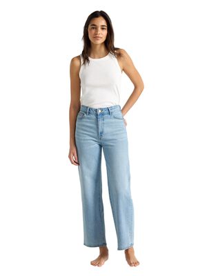 H&oslash;jtaljede jeans i bomuldsdenim med