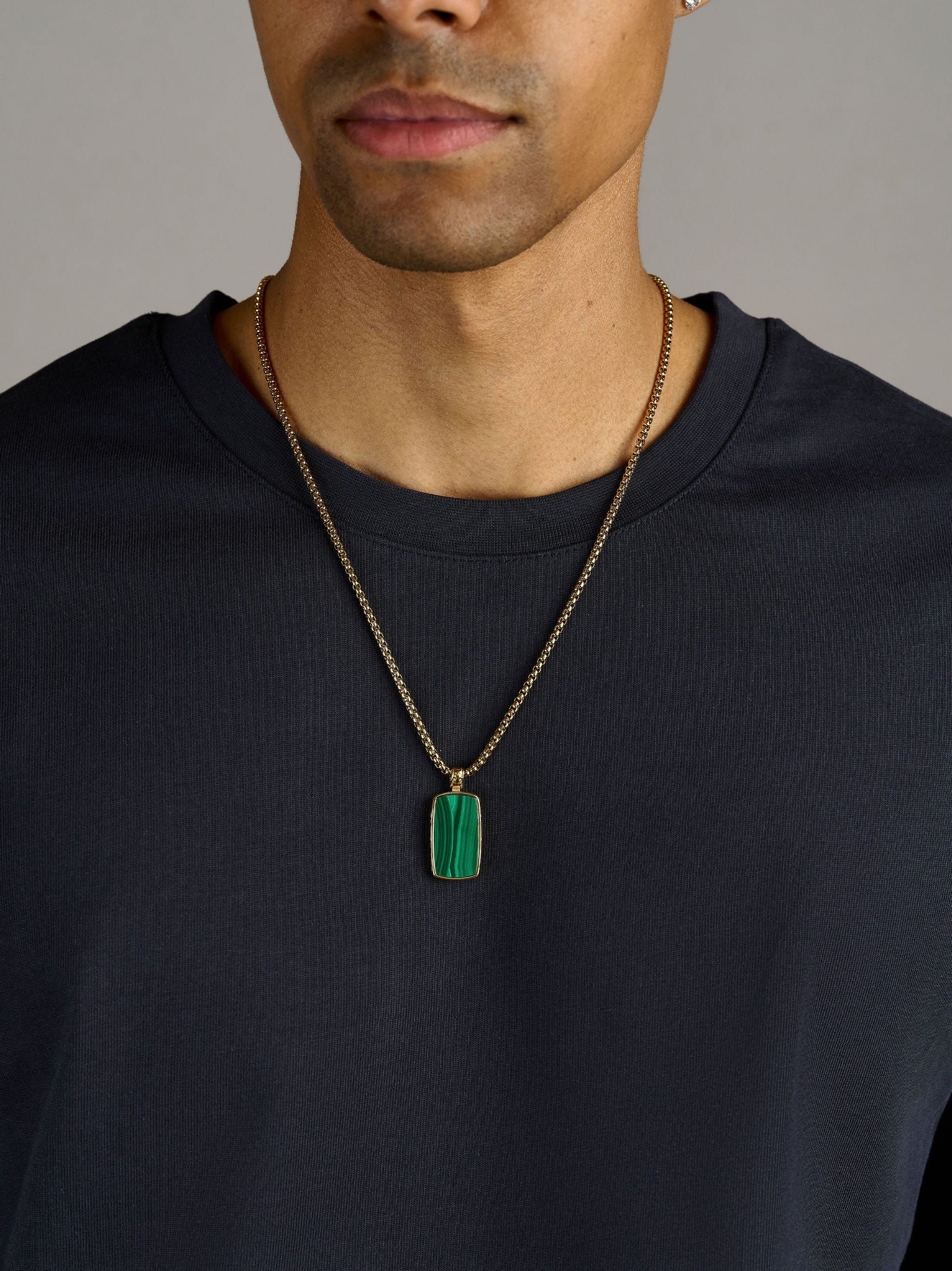 Green Malachite Dog Tag Necklace in Gold