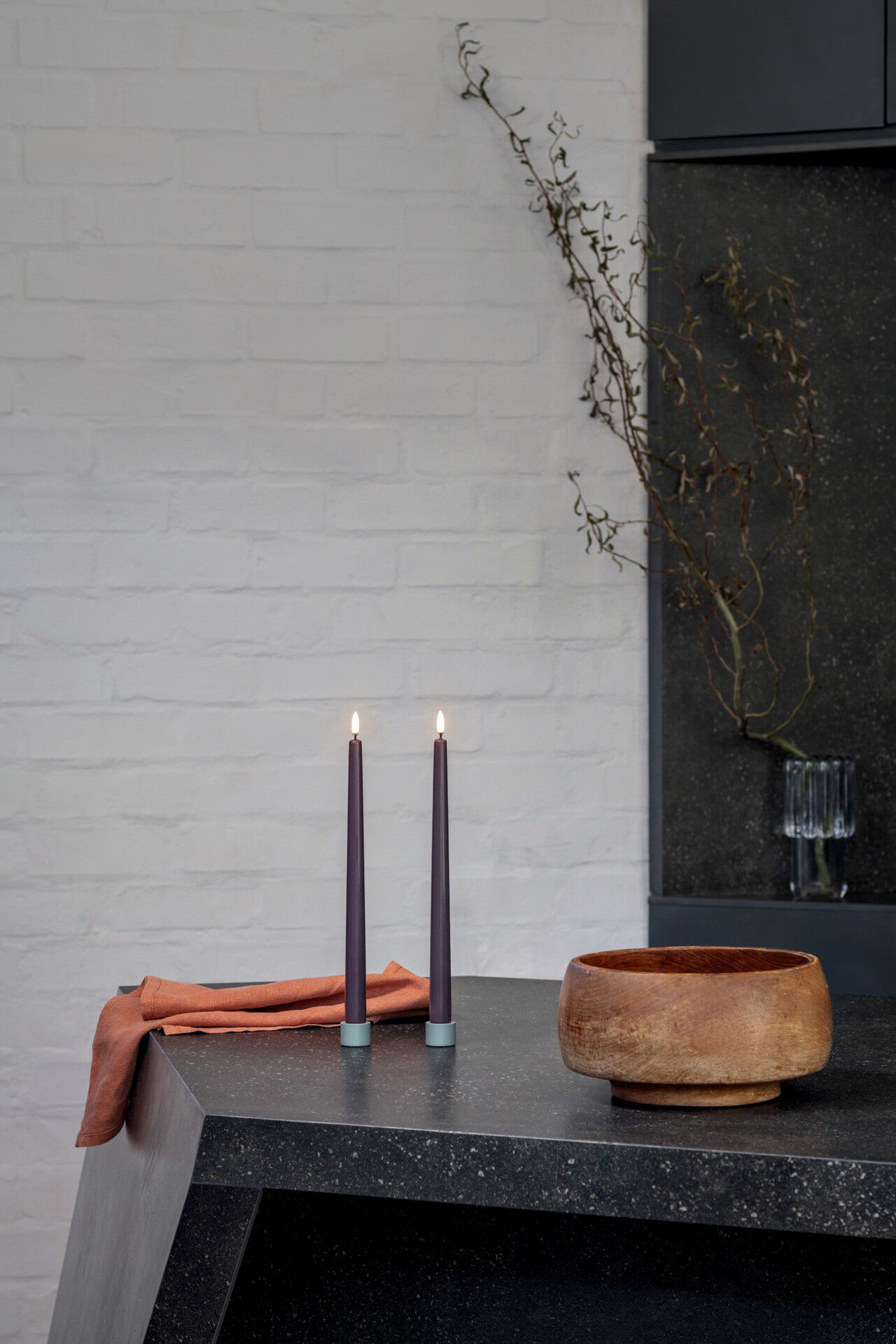 LED taper candle, Dusty Mulberry, Smooth, 2-pack, 2,3x25 cm