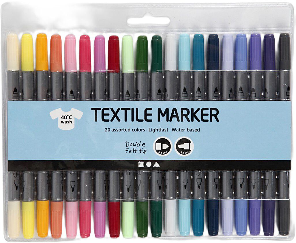 Tekstiltusch, streg 2,3+3,6 mm, suppleringsfarver, 20stk.