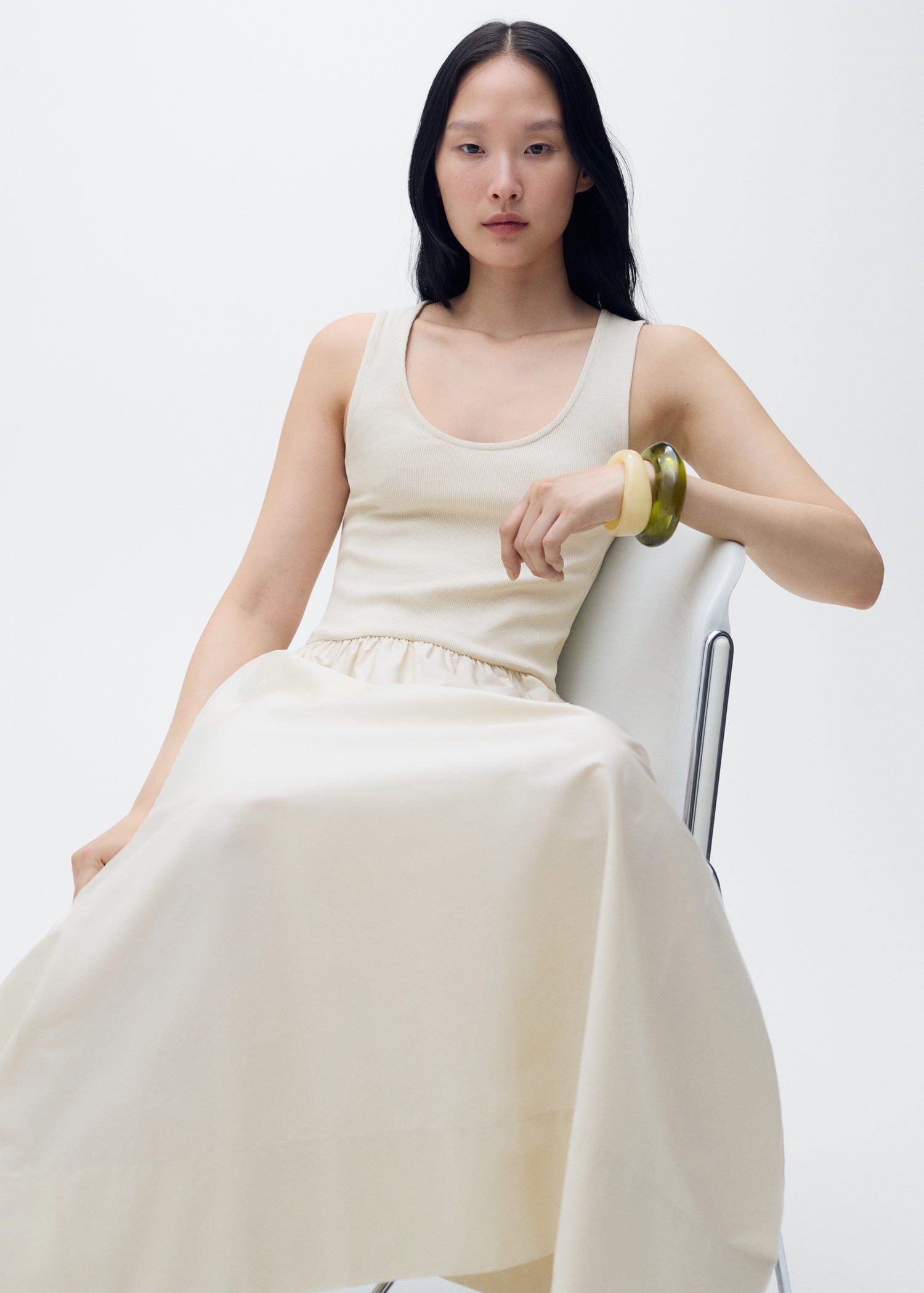 Flared dress in combined fabric