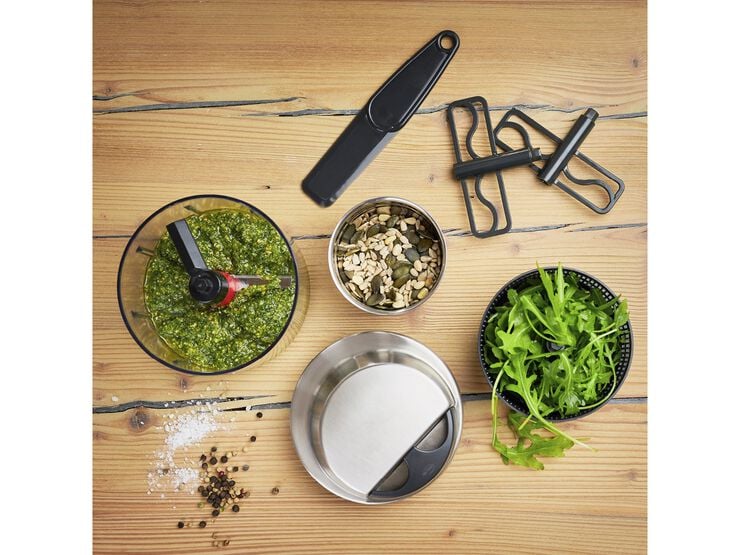 Minichopper med lock 0,6 liter 13 x 12 cm Klar/Stål/Svart