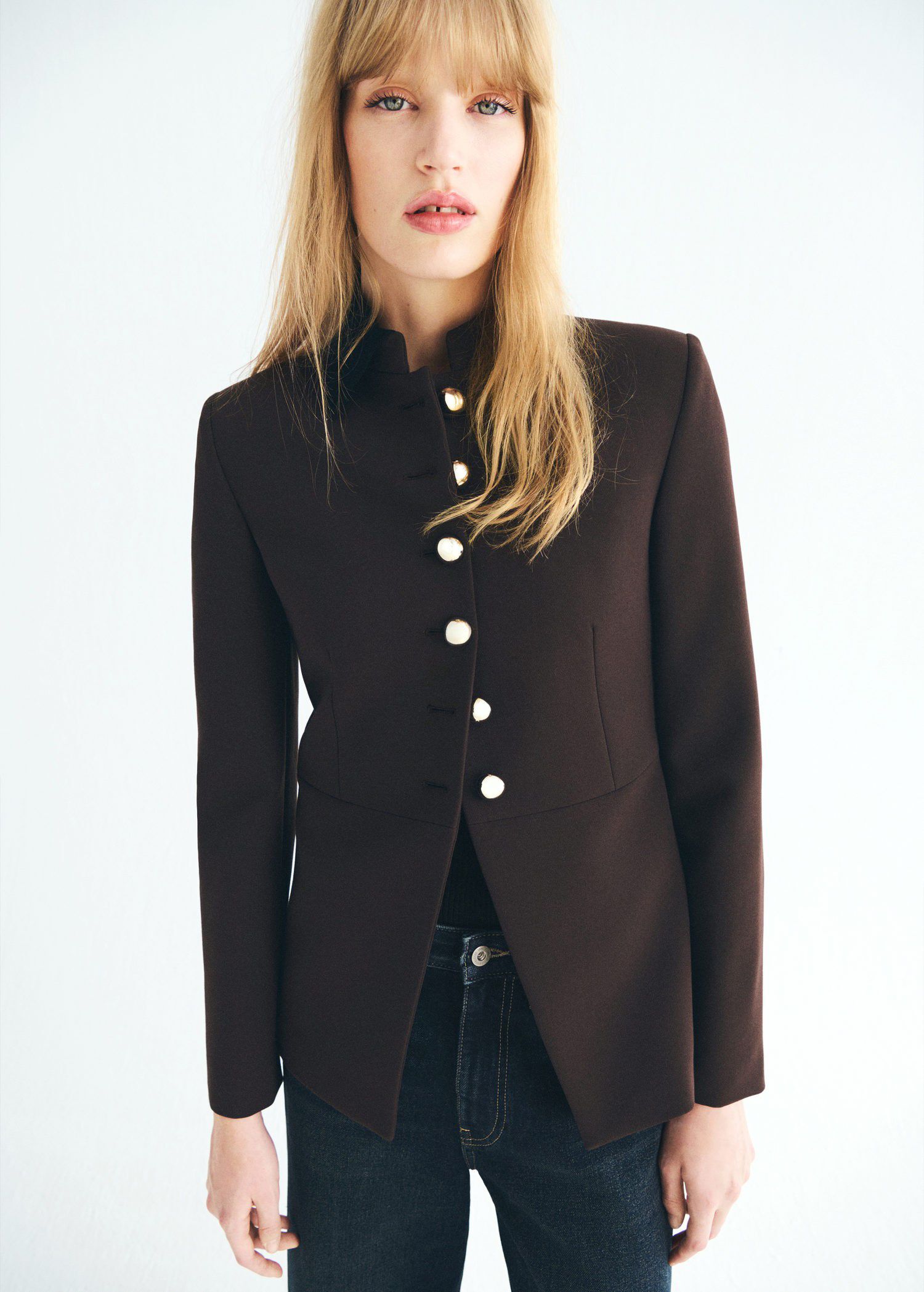 Jacket with jewel-button strip coll