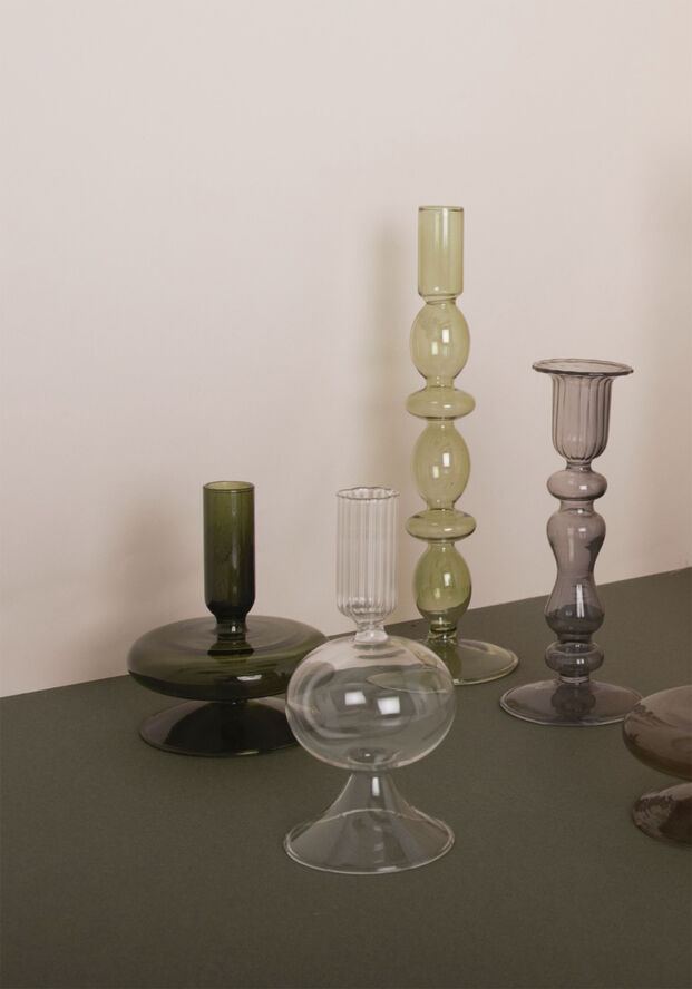 Glas lysestage, lys grøn, 25xø9 cm