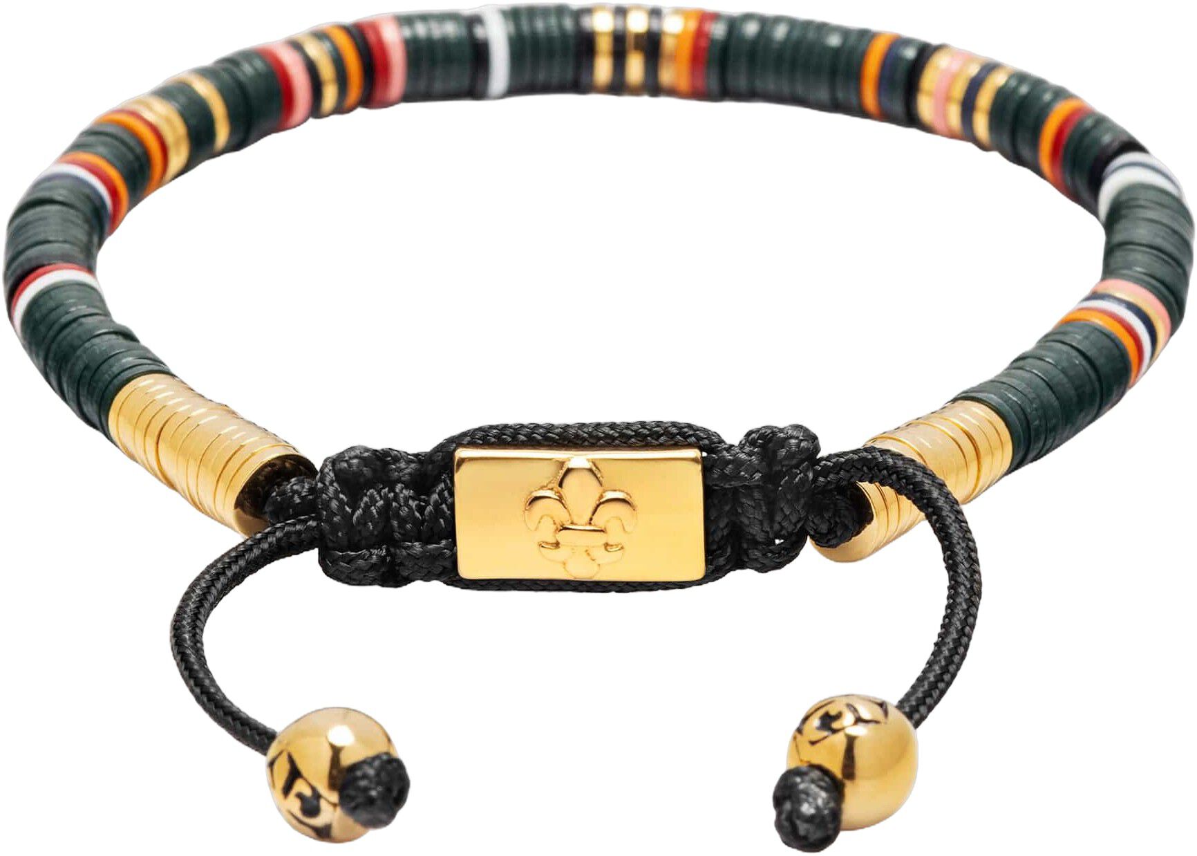 Men's Beaded Bracelet with Dark Green and Gold Disc Beads