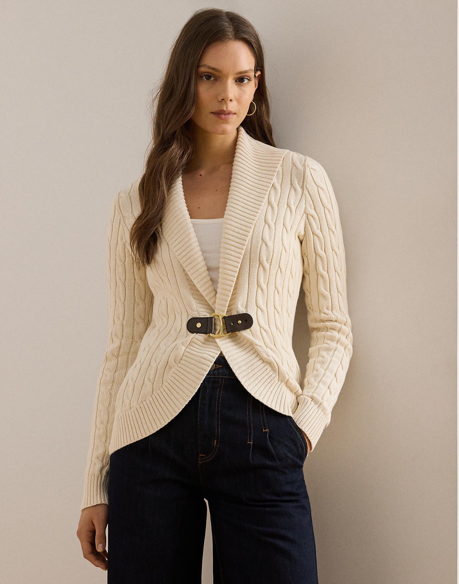 Buckle-Trim Cable Shawl-Collar Cardigan