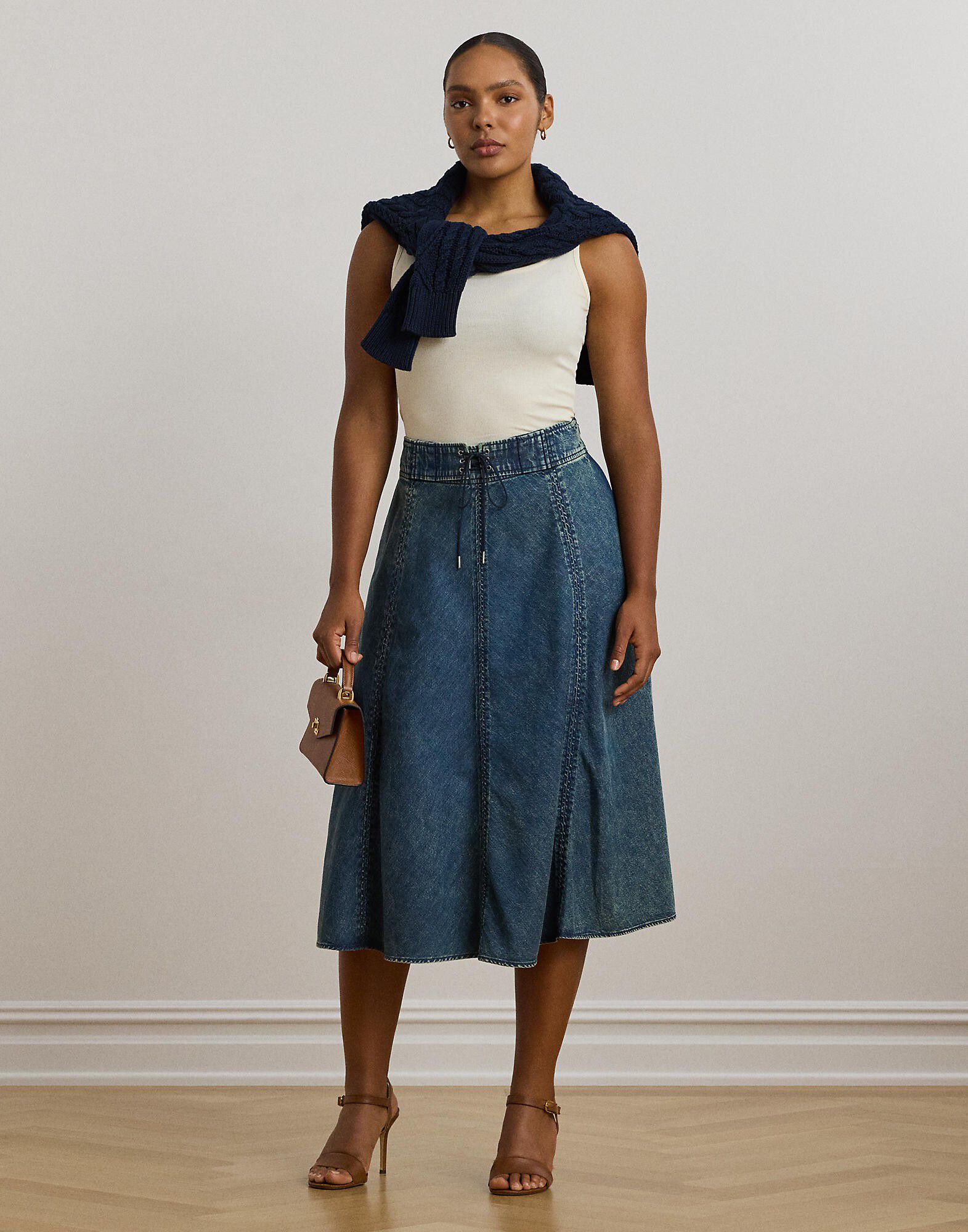 Denim Drawcord Midi Skirt