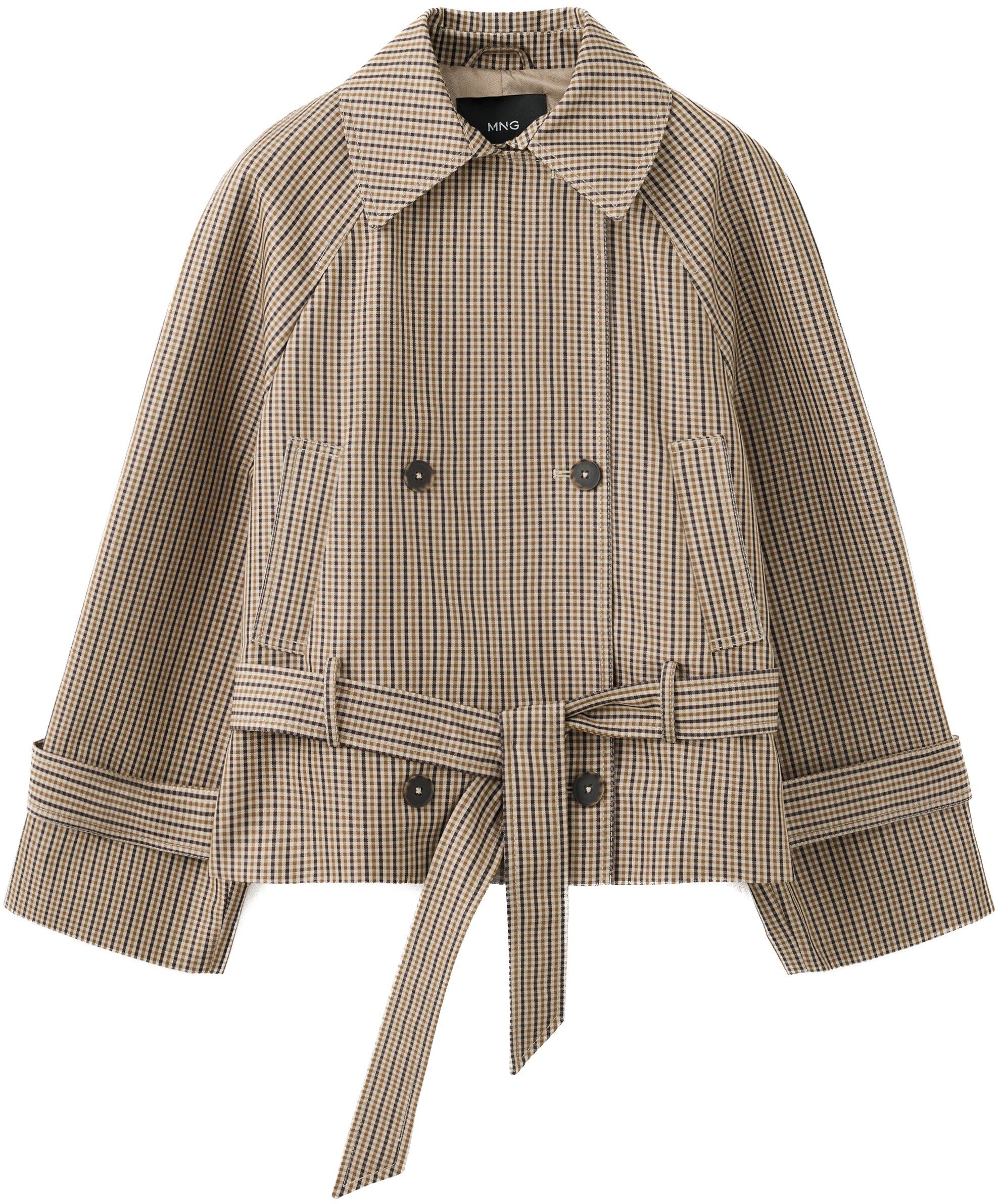 Short checked trench coat with belt