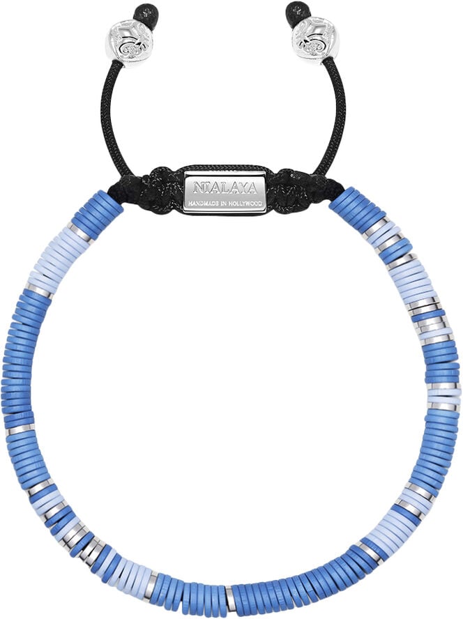 Men's Beaded Bracelet with Light Blue and Silver Disc Beads