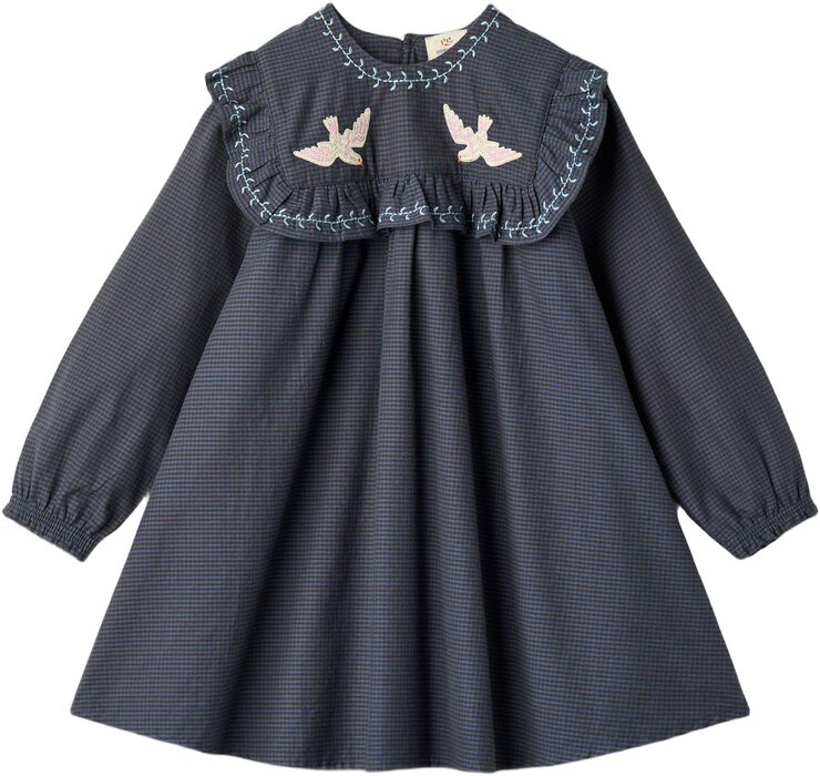 CHECKERED DRESS W. EMB. AND RUFFLE