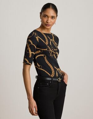 Belting-Print Cotton Boatneck Tee