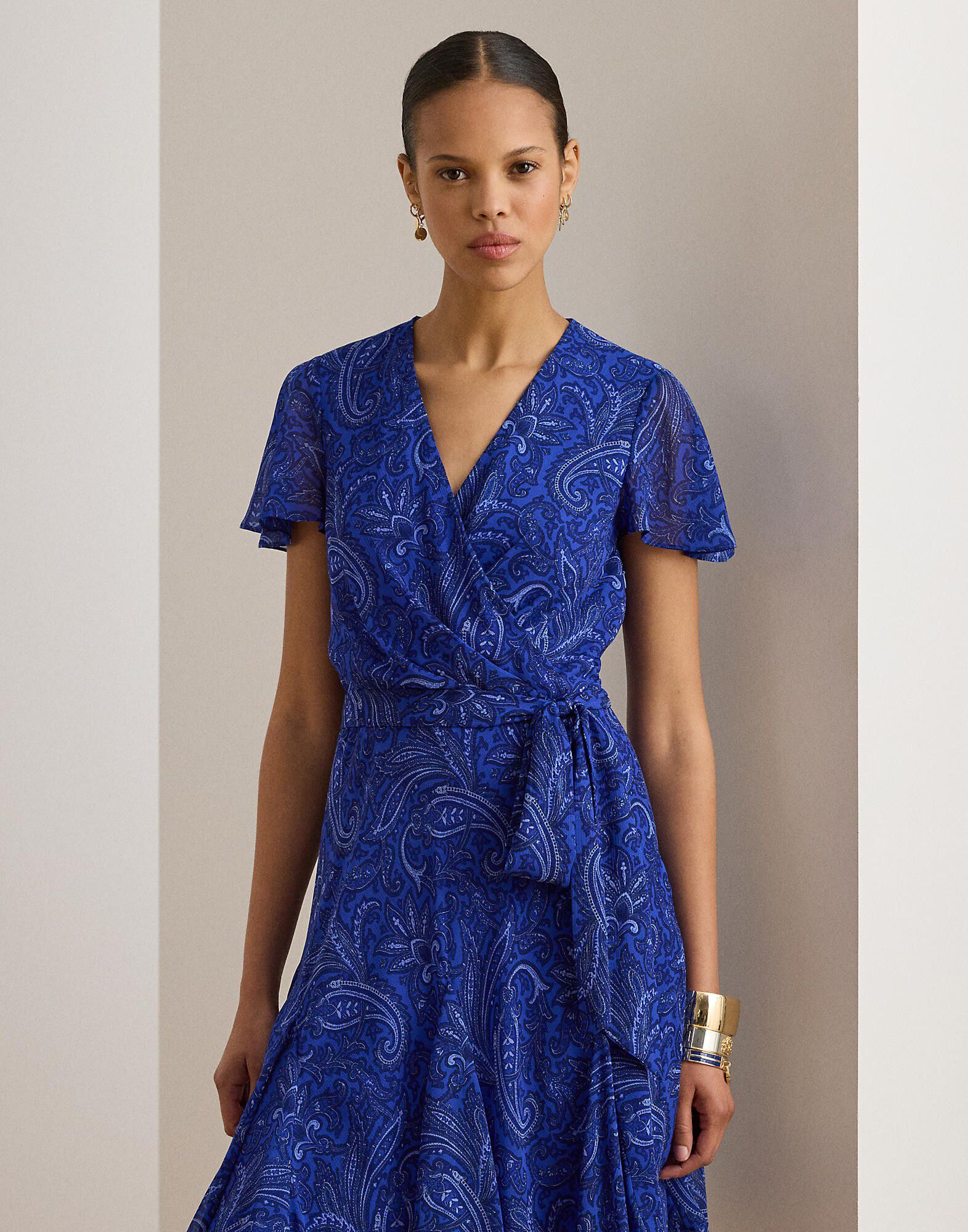 Paisley Crinkle Georgette Surplice Dress