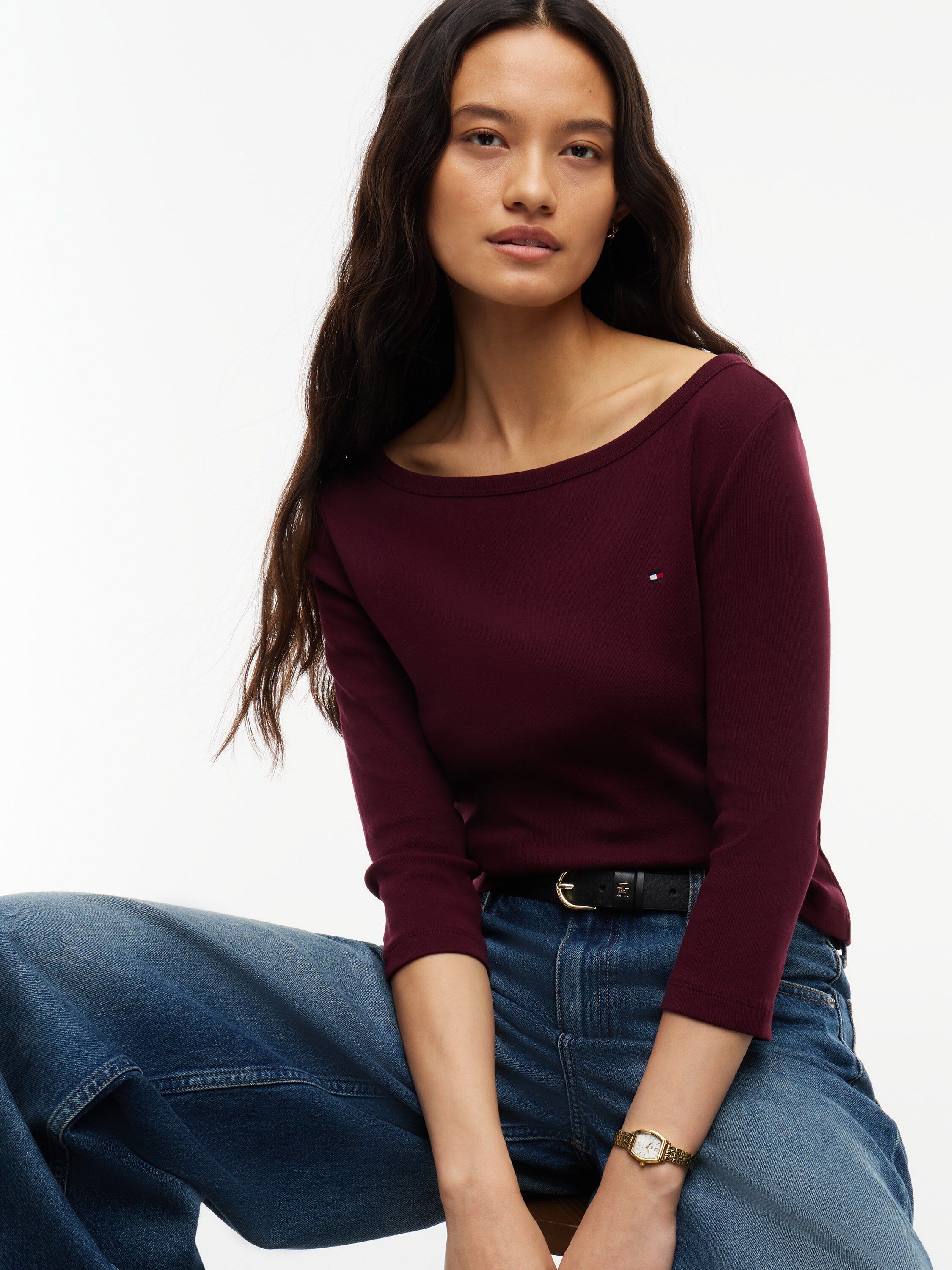 Slim Boat Neck Three-Quarter Sleeve T-Shirt